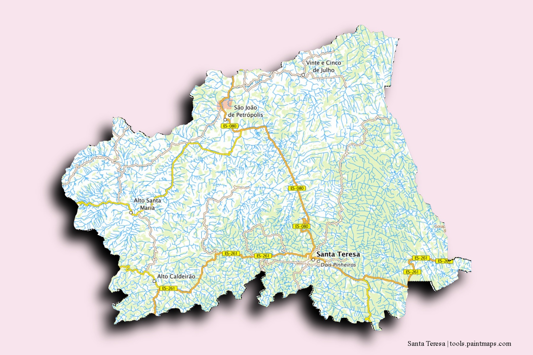 Santa Teresa neighborhoods and villages map with 3D shadow effect