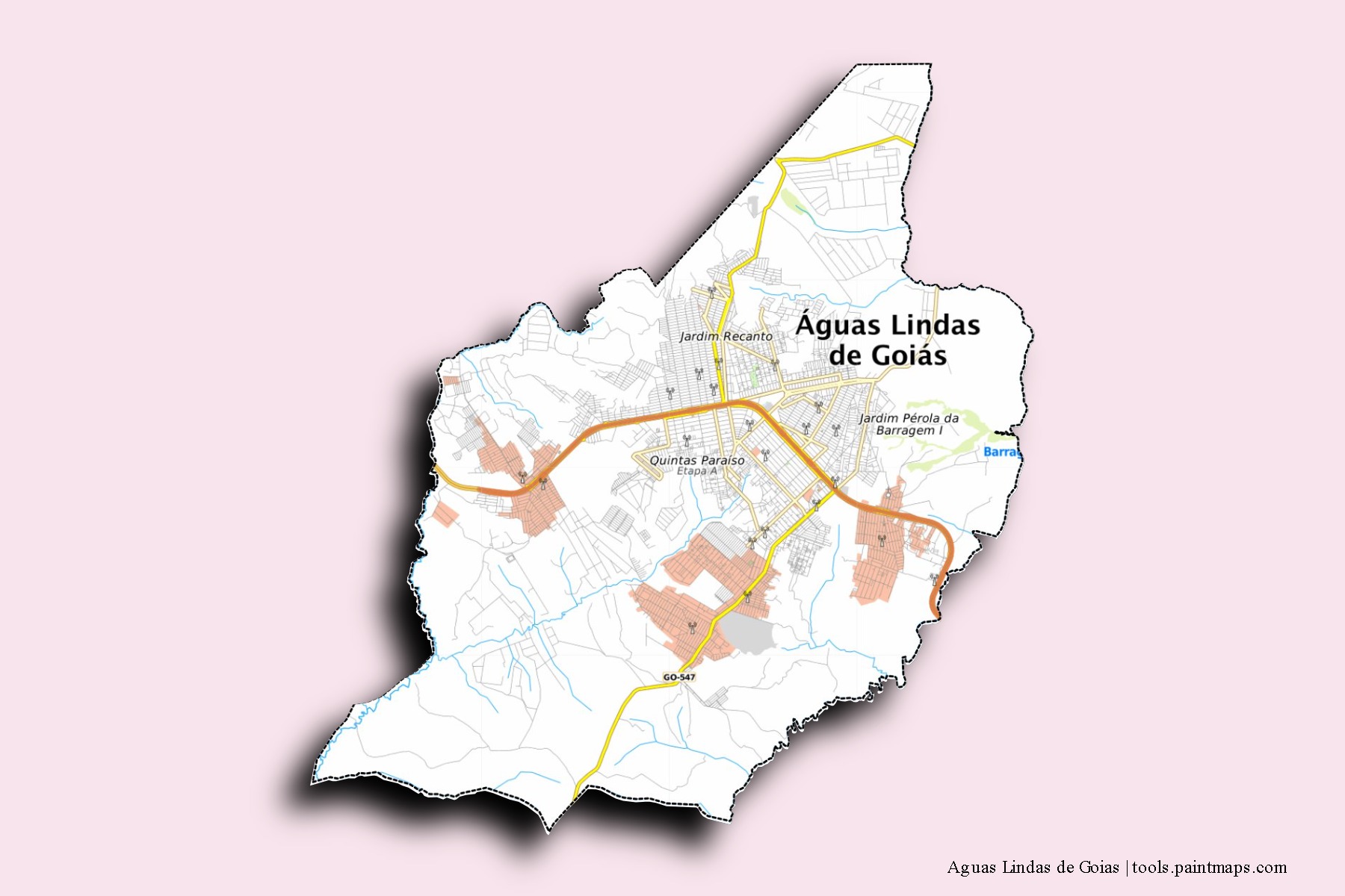 Aguas Lindas de Goias neighborhoods and villages map with 3D shadow effect