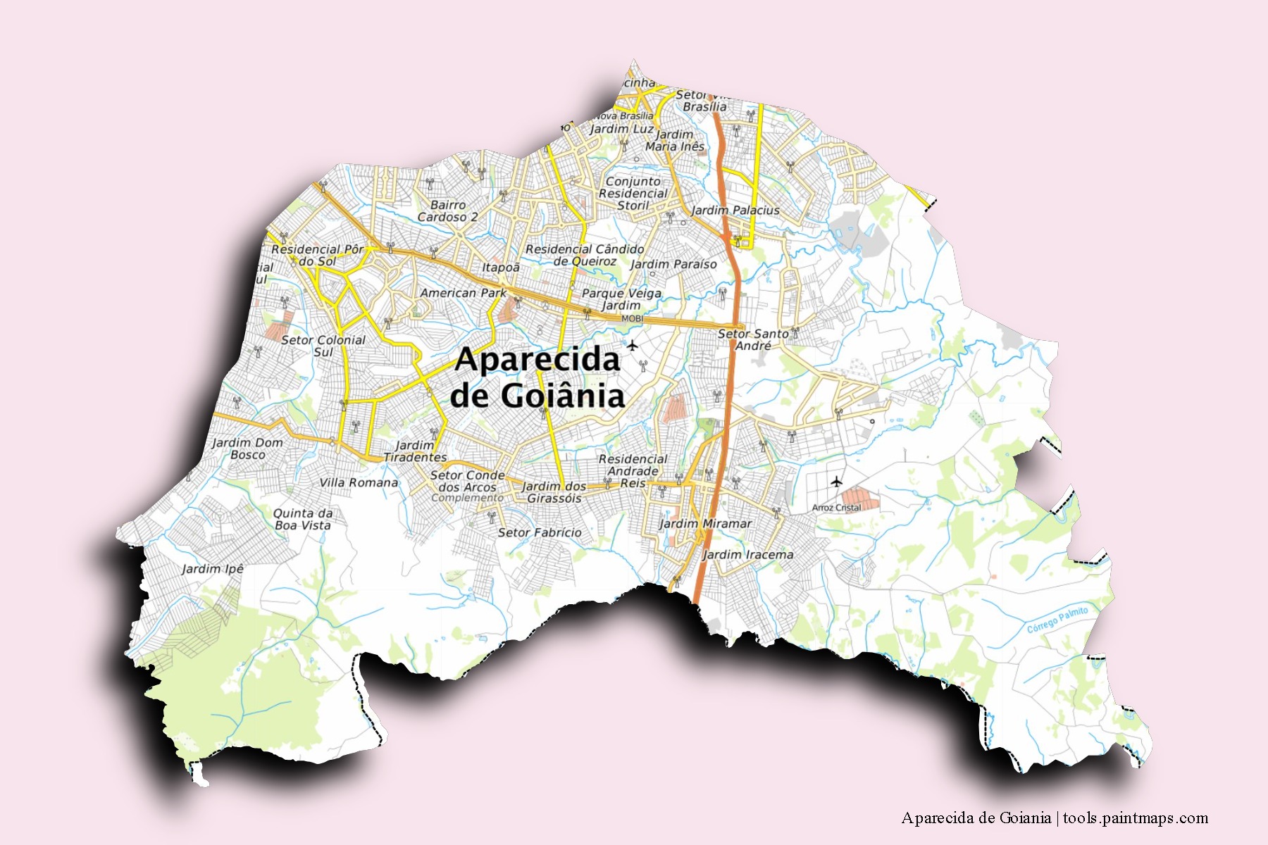 Mapa de barrios y pueblos de Aparecida de Goiania con efecto de sombra 3D