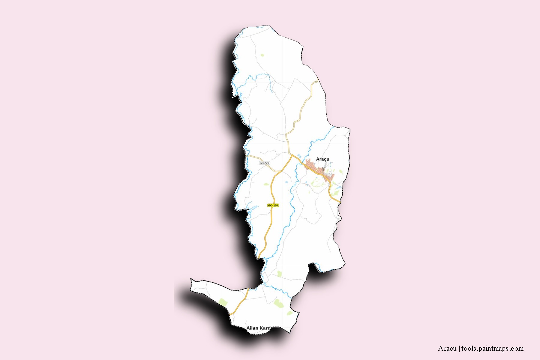 Mapa de barrios y pueblos de Aracu con efecto de sombra 3D