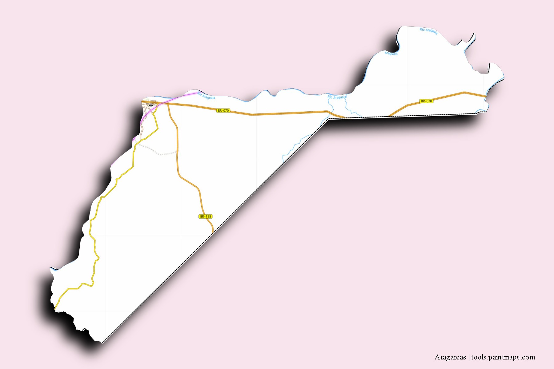 Aragarcas neighborhoods and villages map with 3D shadow effect