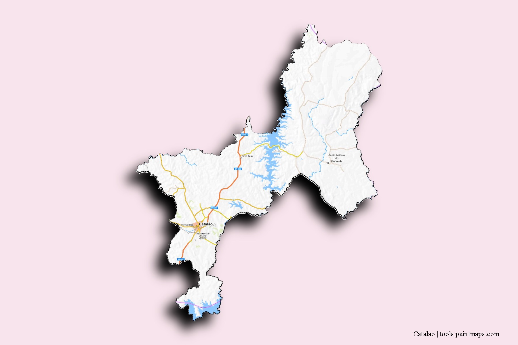 Catalao neighborhoods and villages map with 3D shadow effect