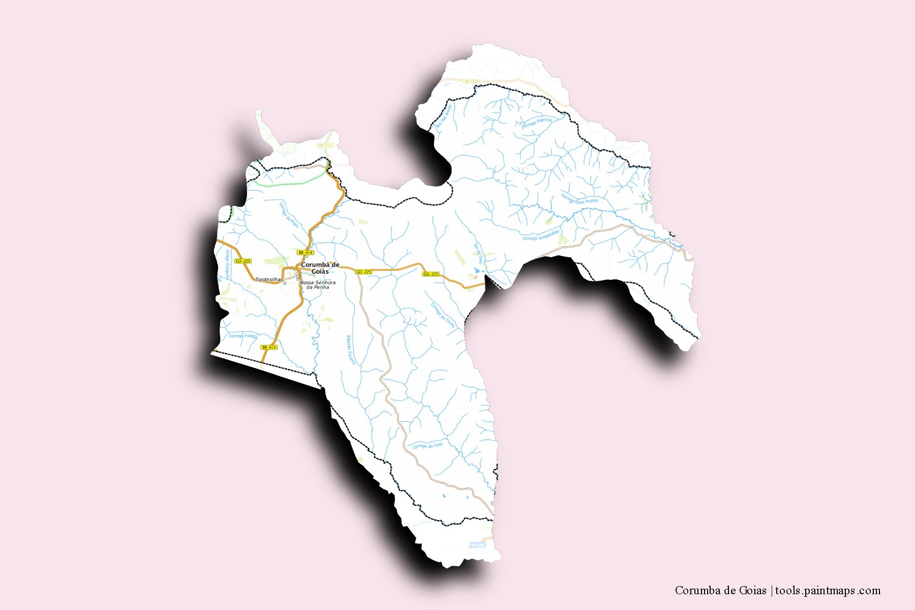 Mapa de barrios y pueblos de Corumba de Goias con efecto de sombra 3D