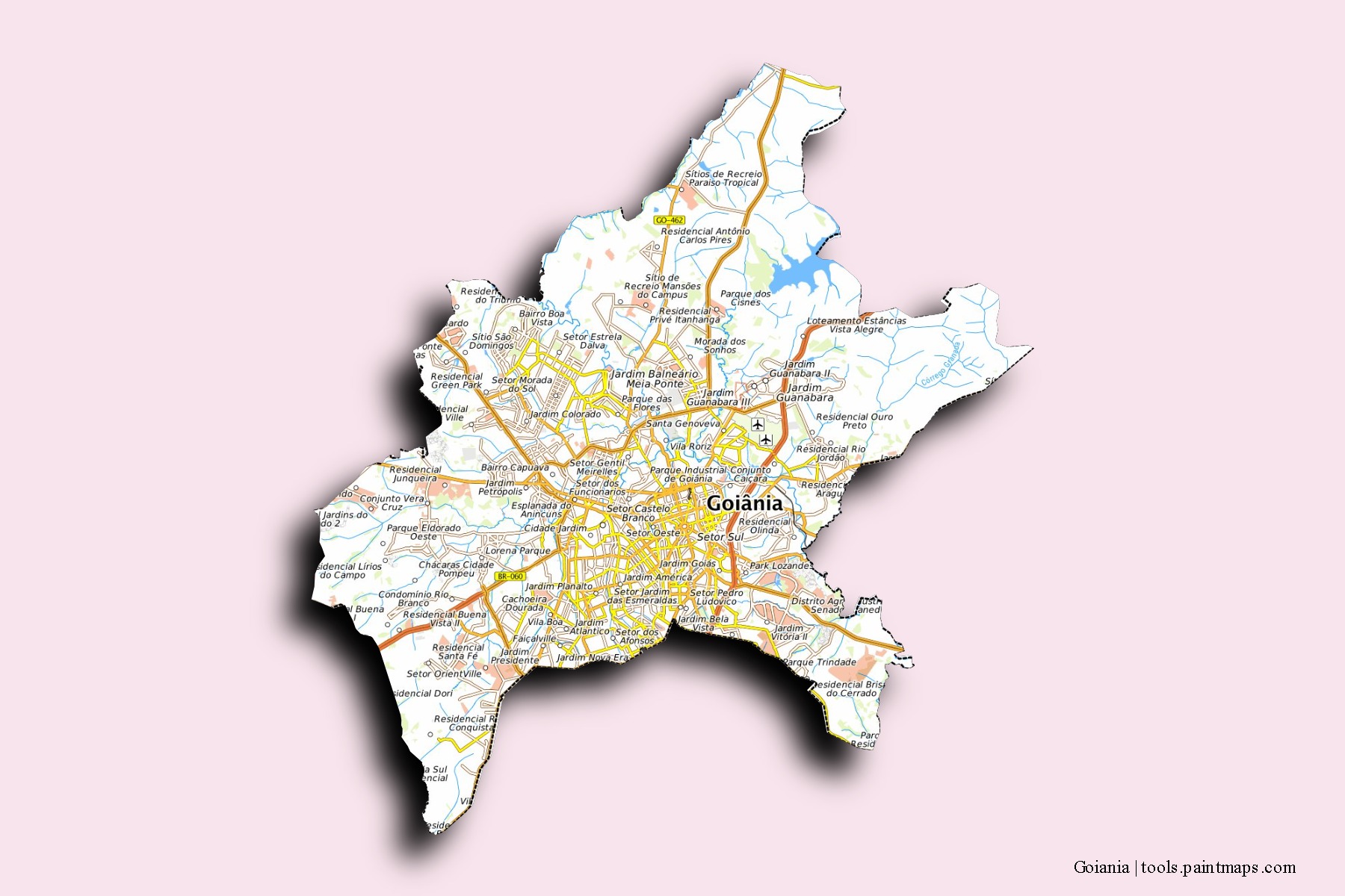 Goiania neighborhoods and villages map with 3D shadow effect