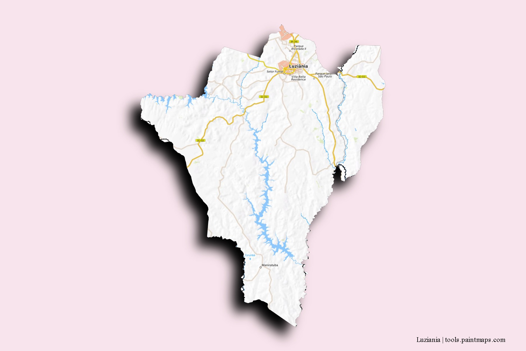 Mapa de barrios y pueblos de Luziania con efecto de sombra 3D