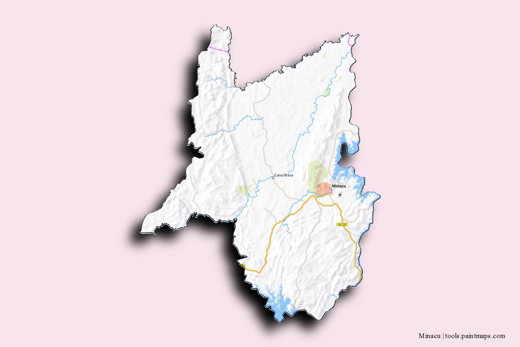 Mapa de barrios y pueblos de Minacu con efecto de sombra 3D