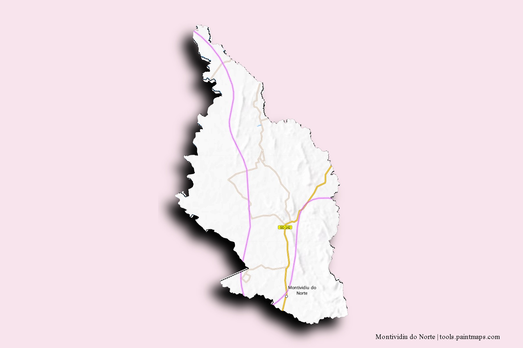 Mapa de barrios y pueblos de Montividiu do Norte con efecto de sombra 3D