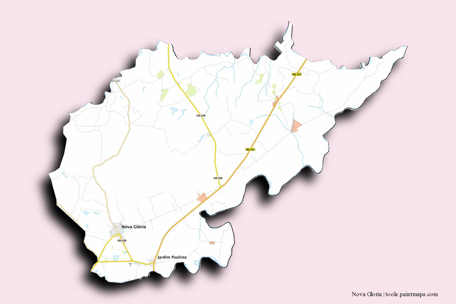 Mapa de barrios y pueblos de Nova Gloria con efecto de sombra 3D