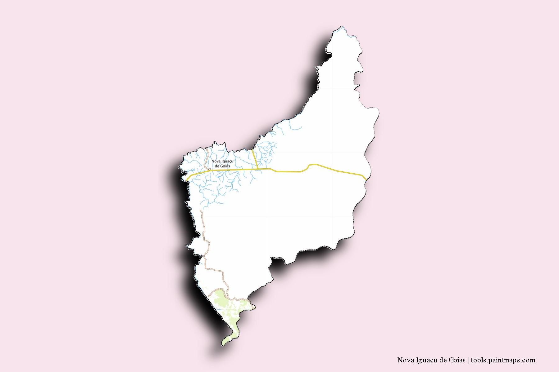 Mapa de barrios y pueblos de Nova Iguacu de Goias con efecto de sombra 3D