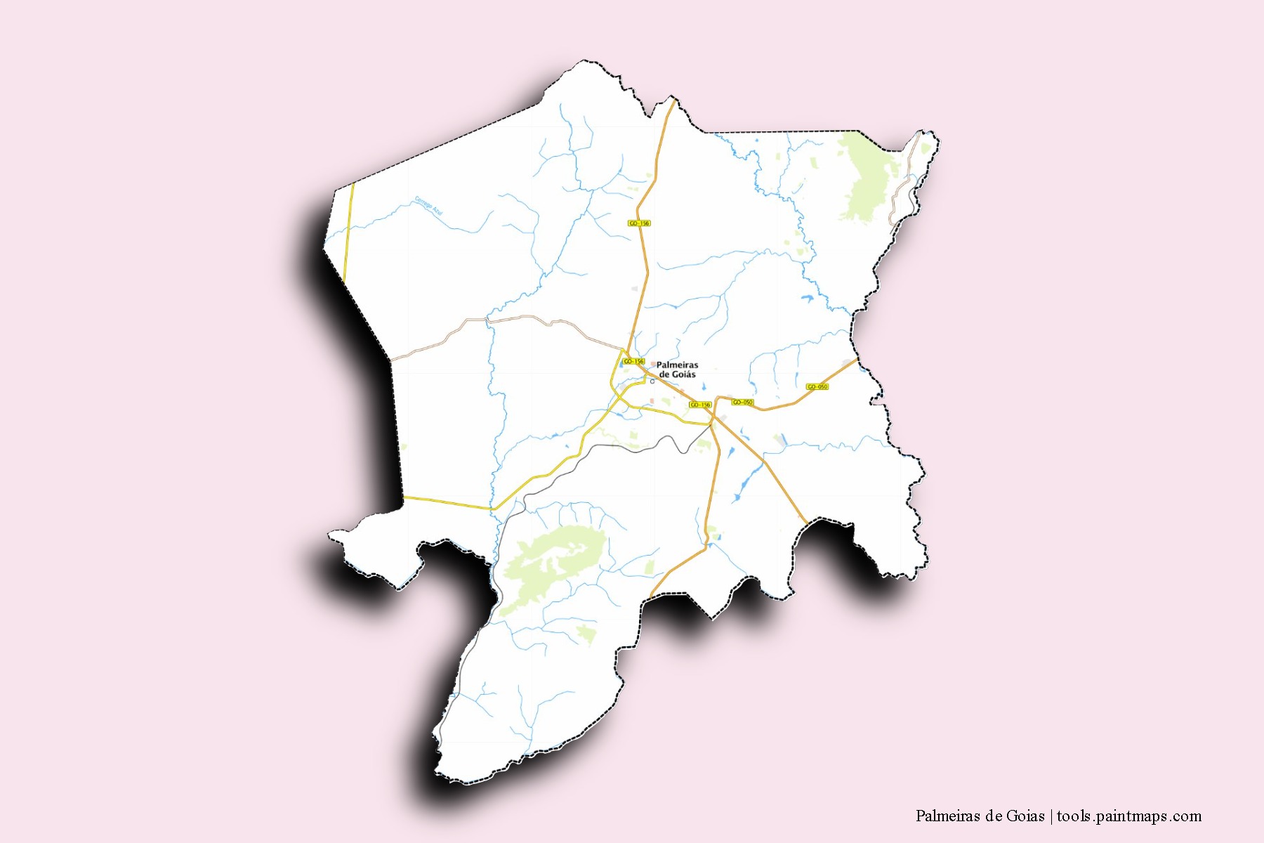 Mapa de barrios y pueblos de Palmeiras de Goias con efecto de sombra 3D