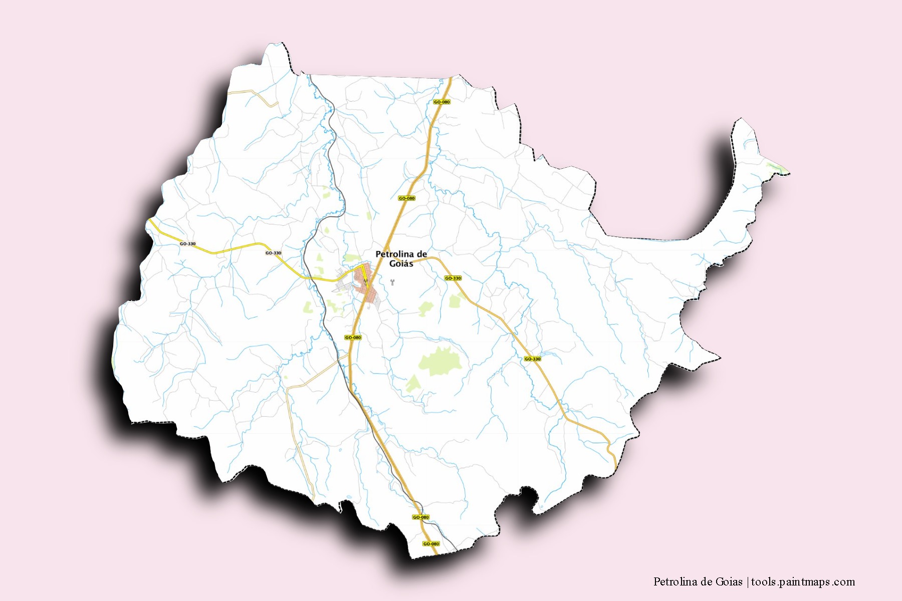 Mapa de barrios y pueblos de Petrolina de Goias con efecto de sombra 3D