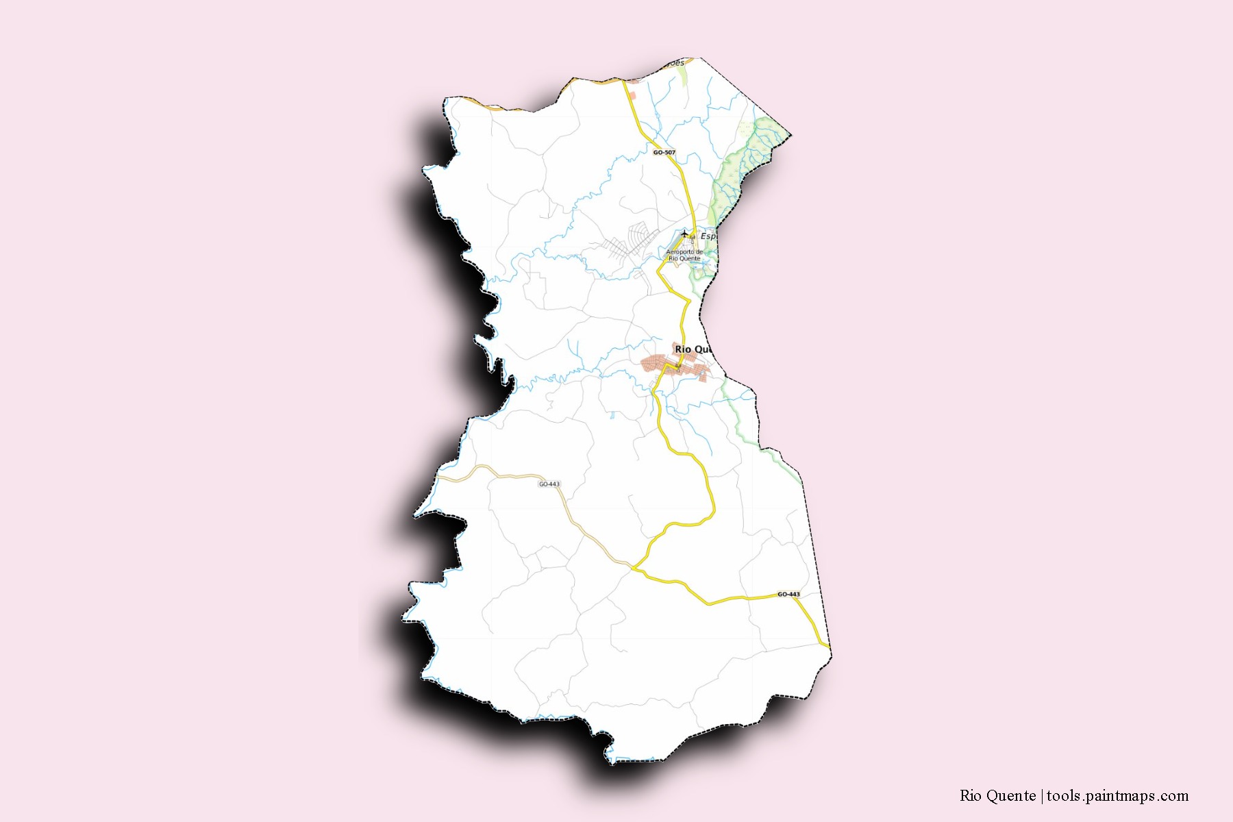 Mapa de barrios y pueblos de Rio Quente con efecto de sombra 3D