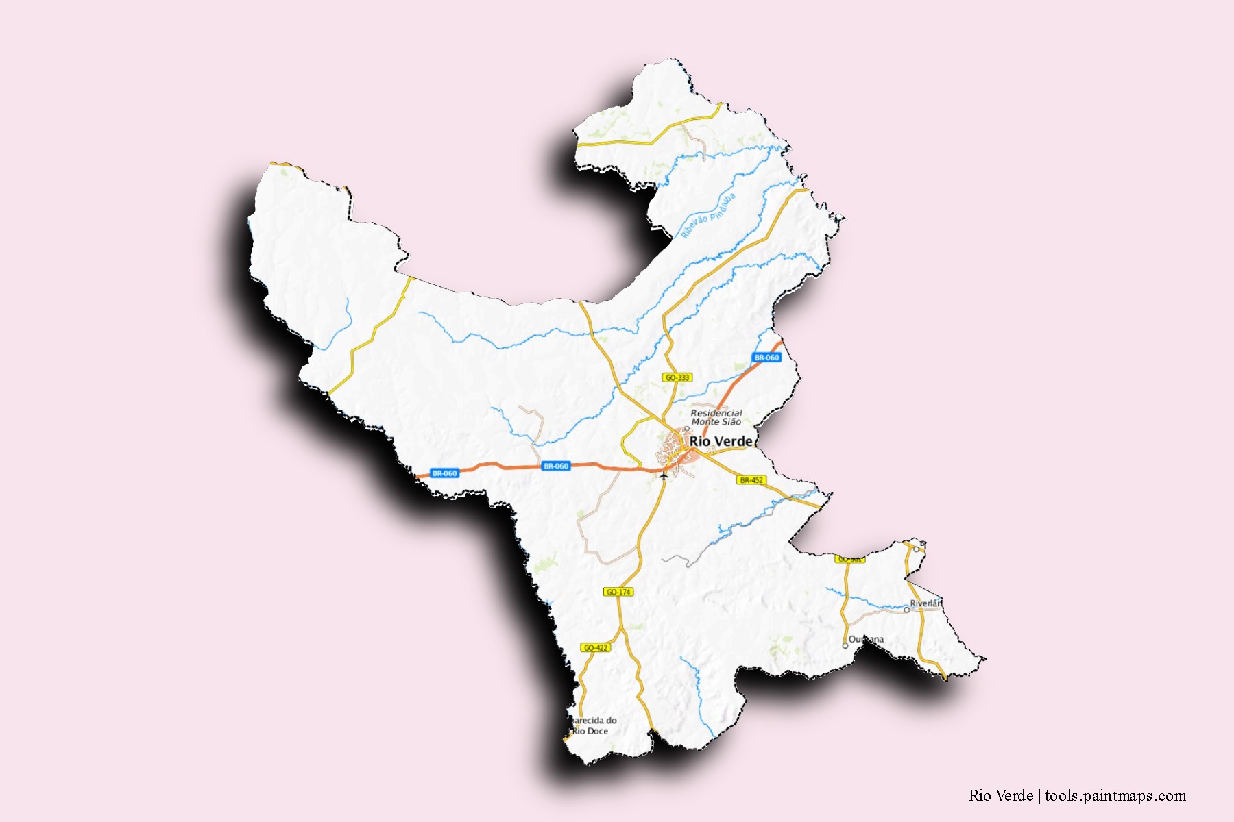 Mapa de barrios y pueblos de Rio Verde con efecto de sombra 3D