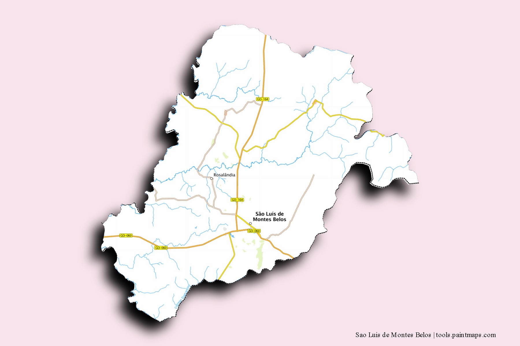 Mapa de barrios y pueblos de Sao Luis de Montes Belos con efecto de sombra 3D