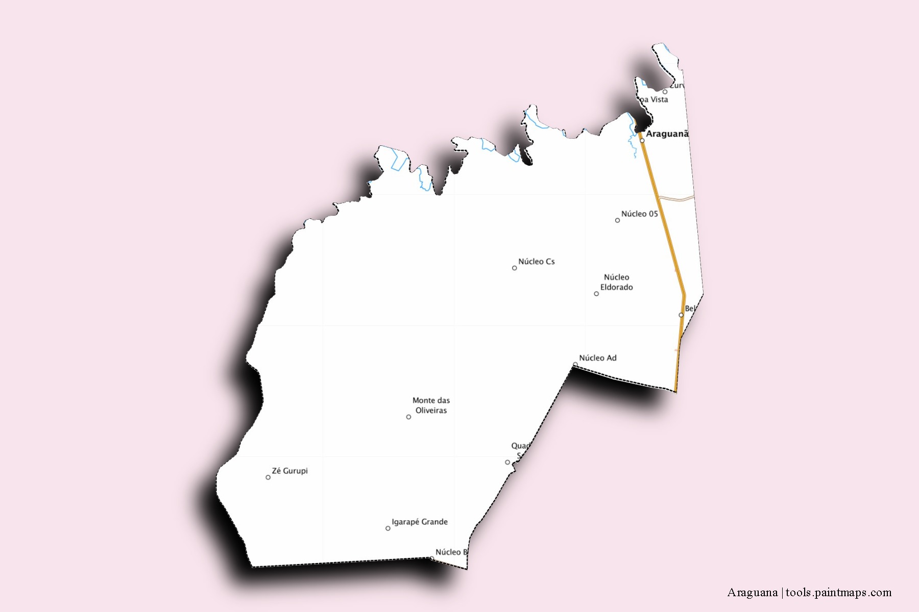 Araguana neighborhoods and villages map with 3D shadow effect