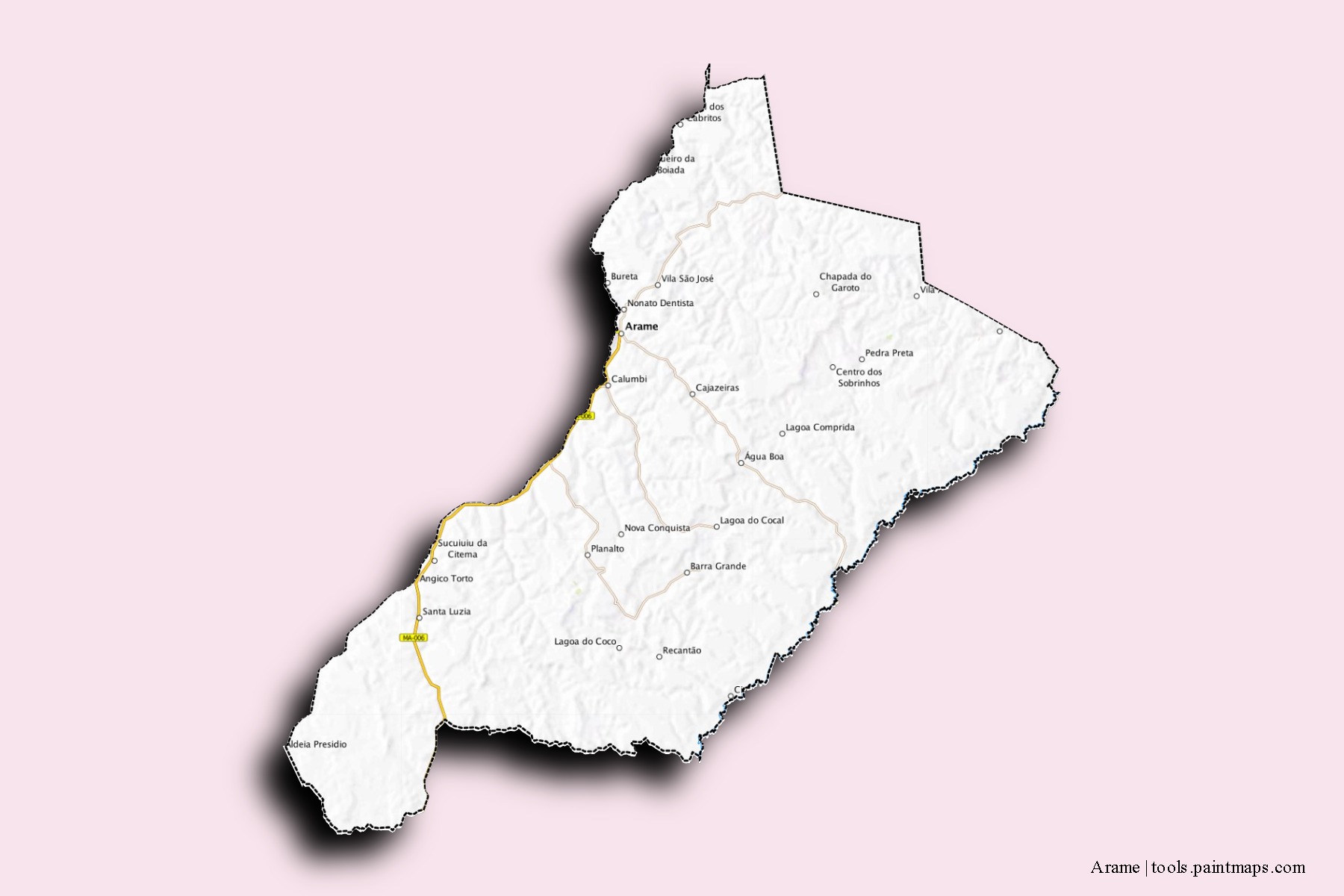 Mapa de barrios y pueblos de Arame con efecto de sombra 3D