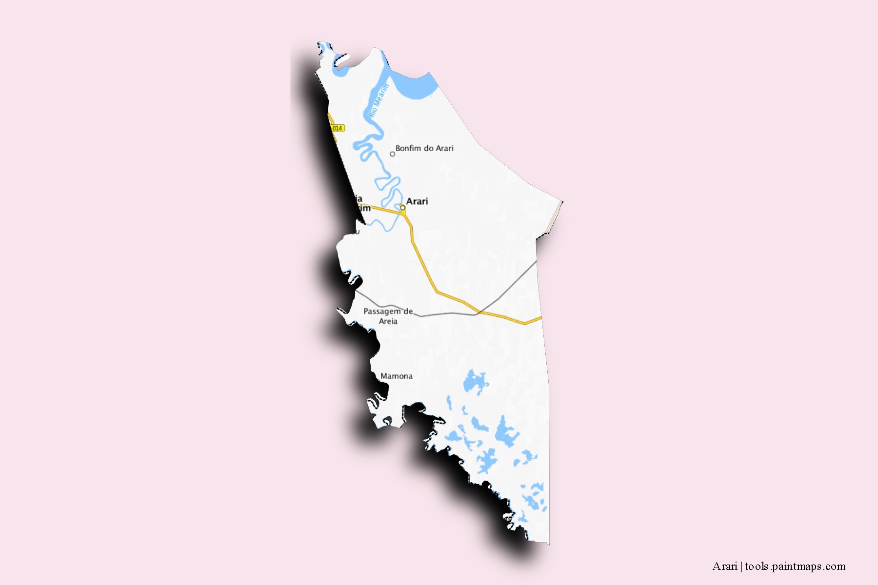 Mapa de barrios y pueblos de Arari con efecto de sombra 3D
