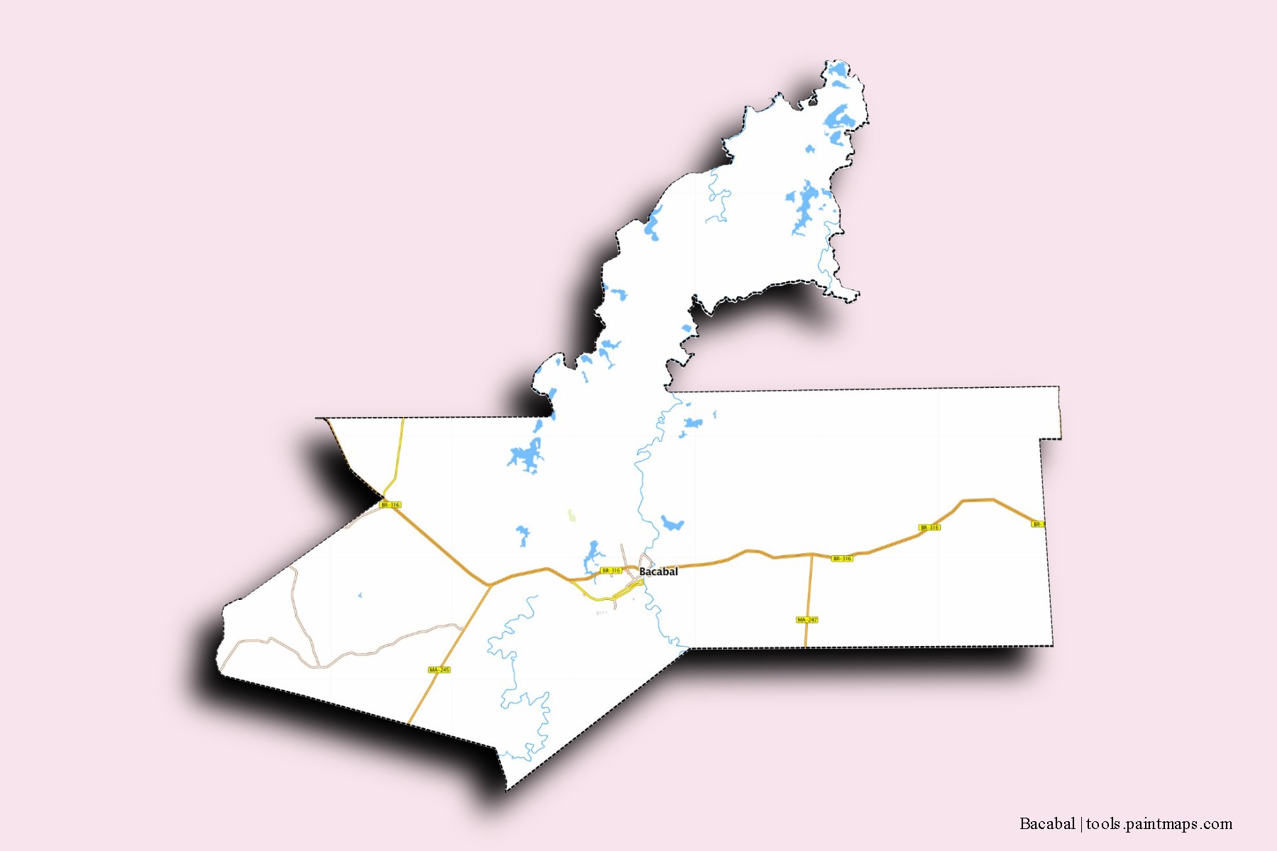 Bacabal neighborhoods and villages map with 3D shadow effect