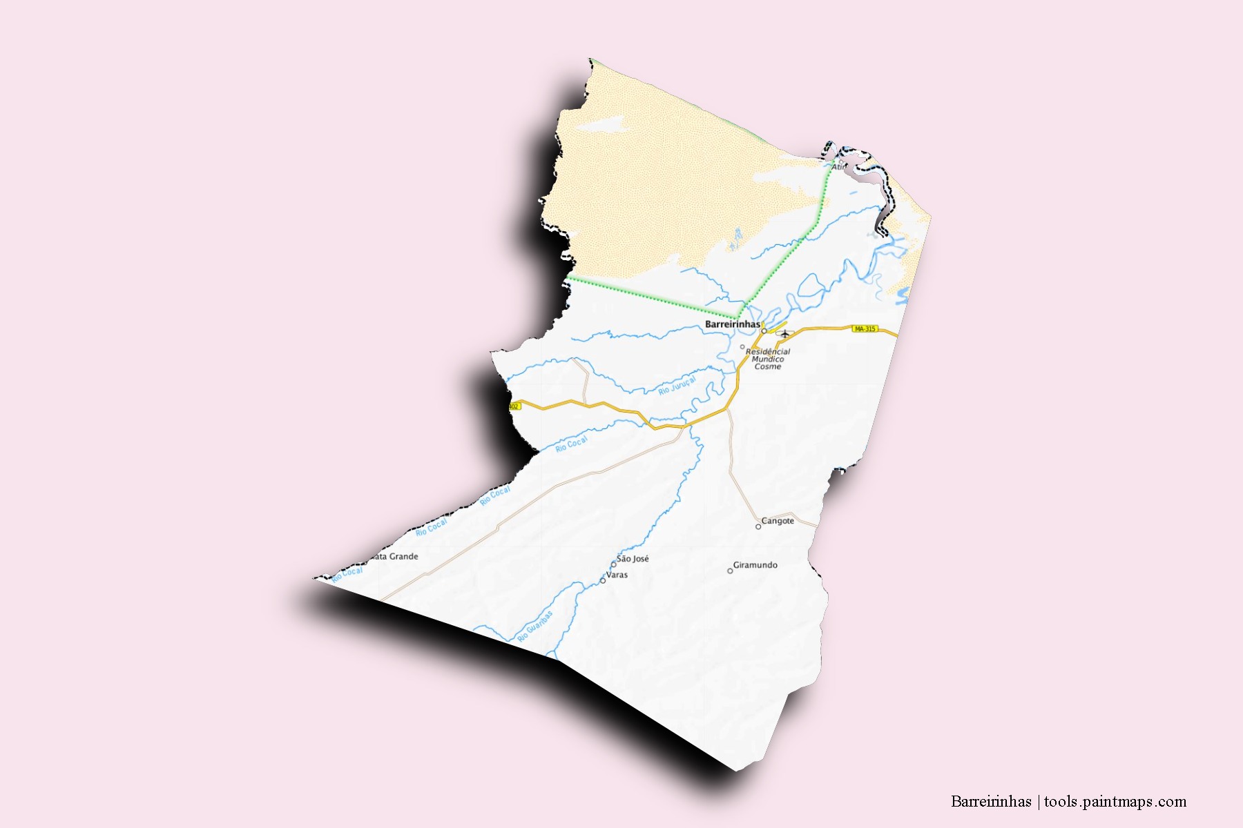 Mapa de barrios y pueblos de Barreirinhas con efecto de sombra 3D