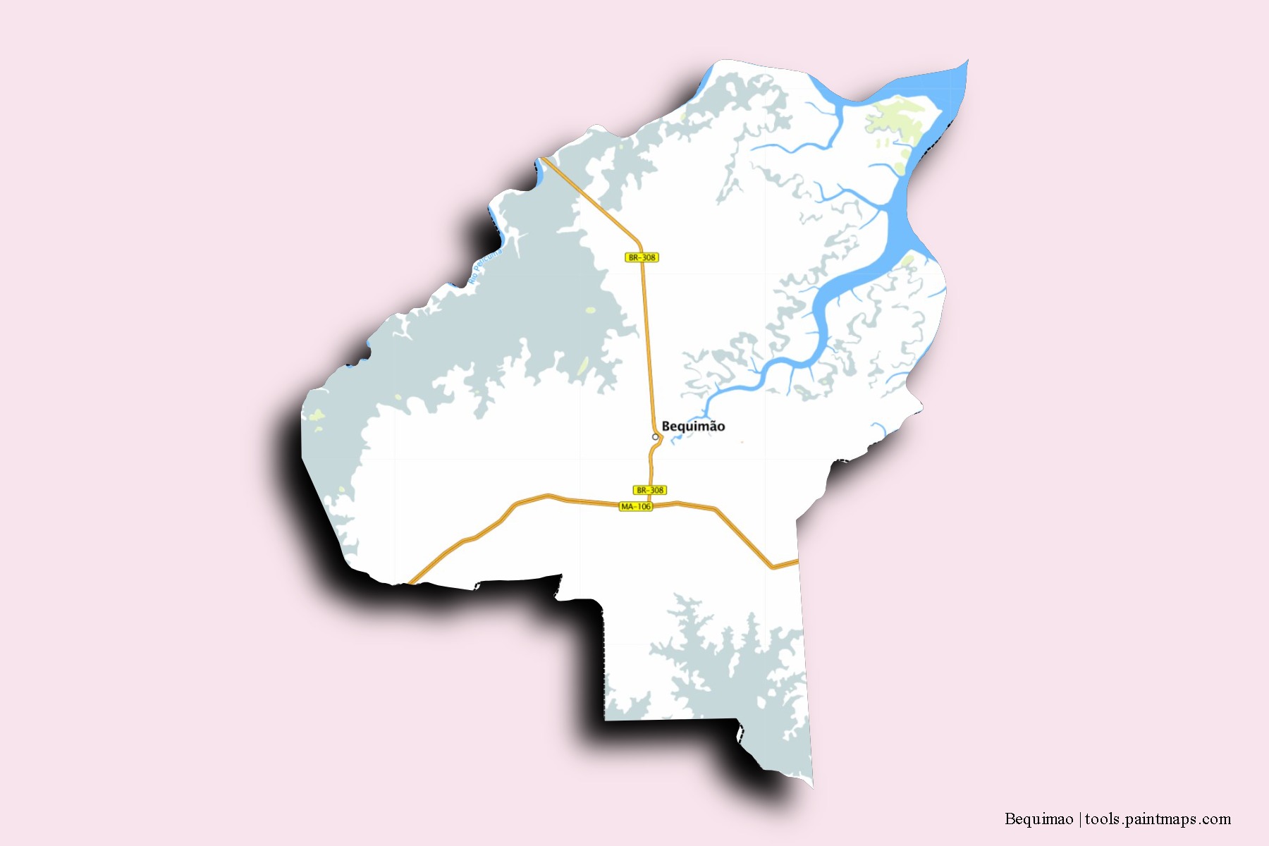 Mapa de barrios y pueblos de Bequimao con efecto de sombra 3D