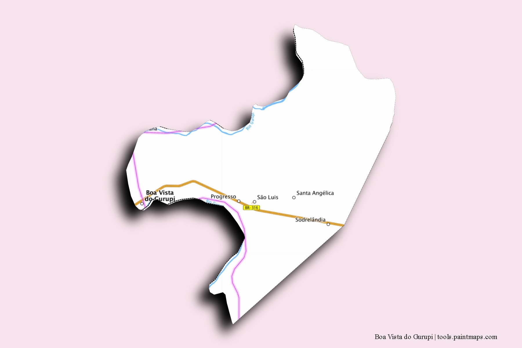 Mapa de barrios y pueblos de Boa Vista do Gurupi con efecto de sombra 3D