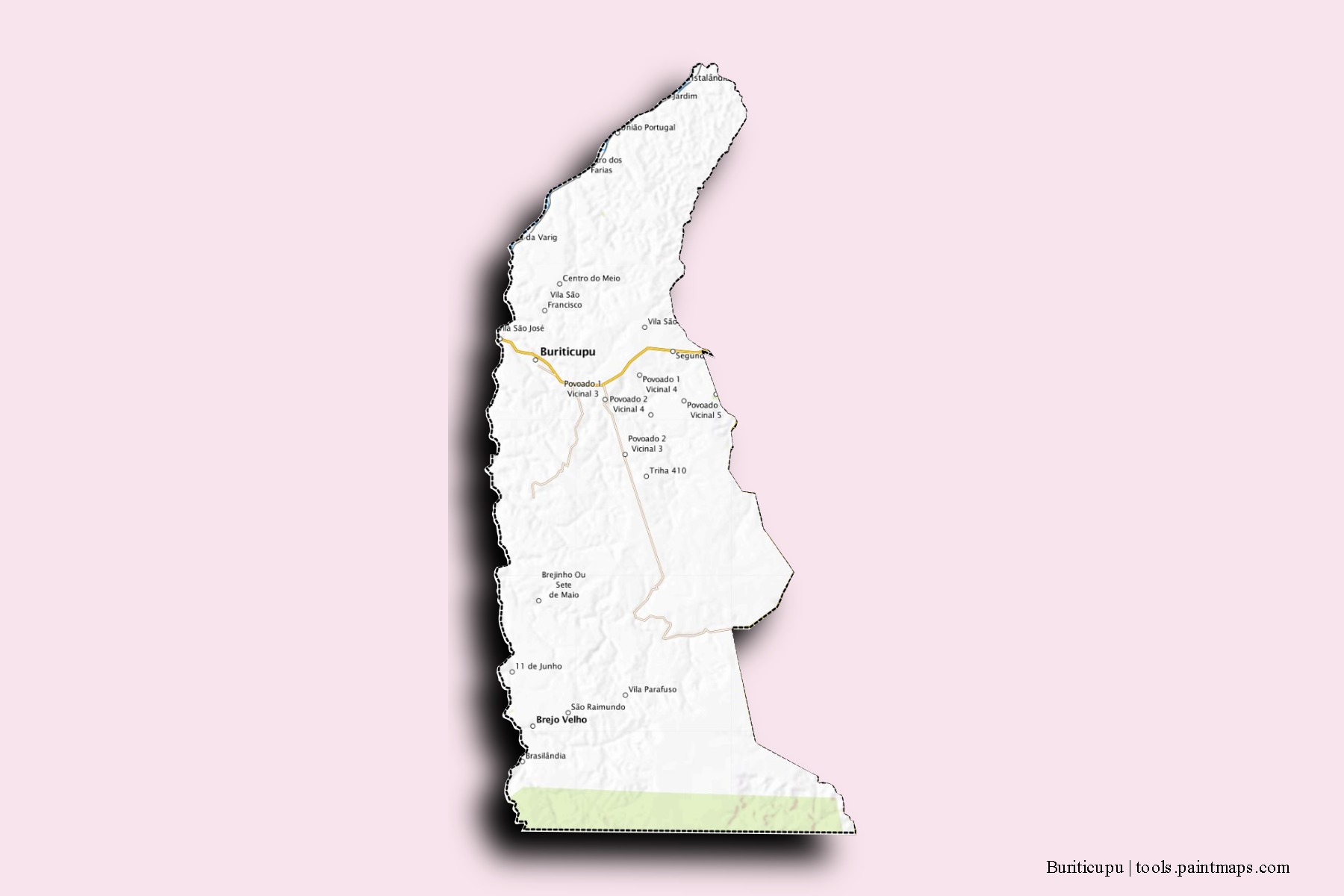 Mapa de barrios y pueblos de Buriticupu con efecto de sombra 3D