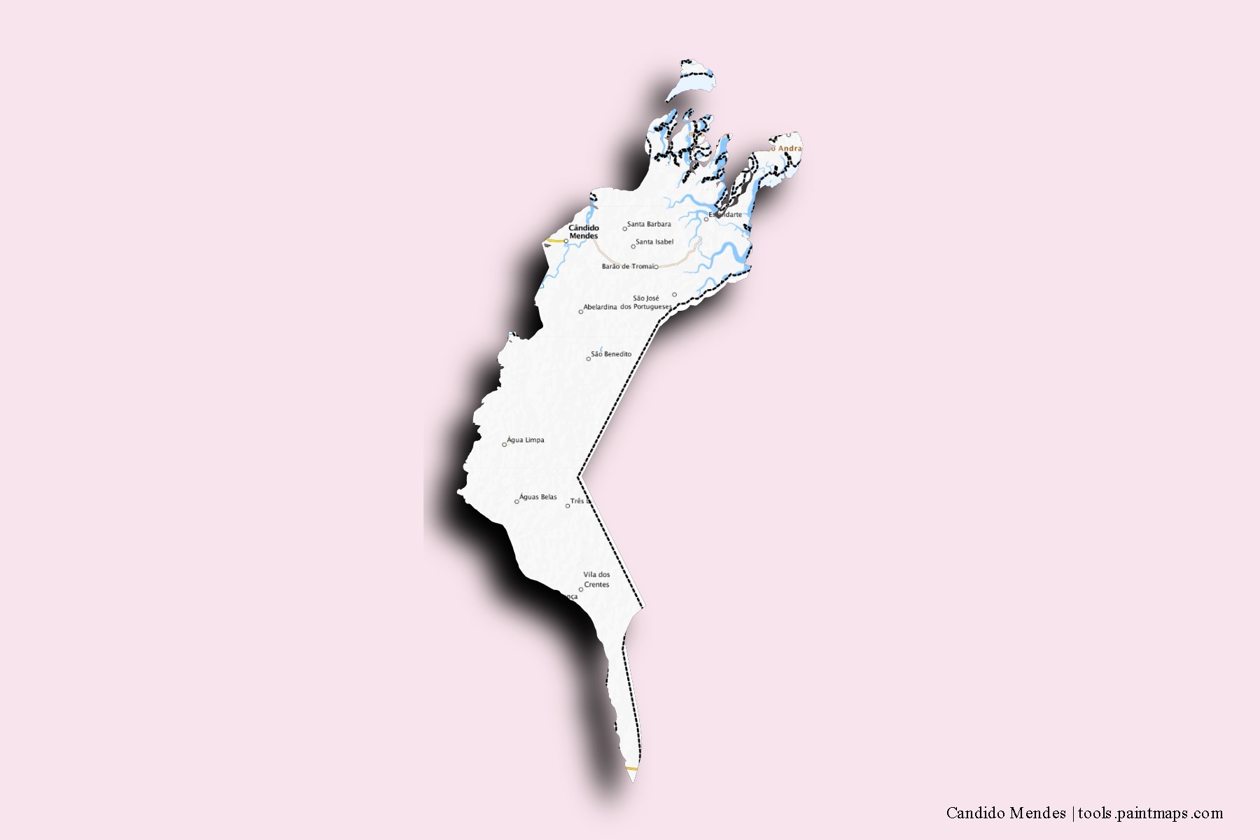 Mapa de barrios y pueblos de Candido Mendes con efecto de sombra 3D