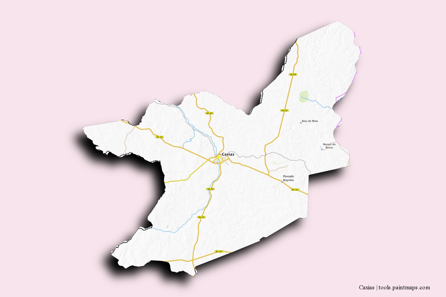 Mapa de barrios y pueblos de Caxias con efecto de sombra 3D