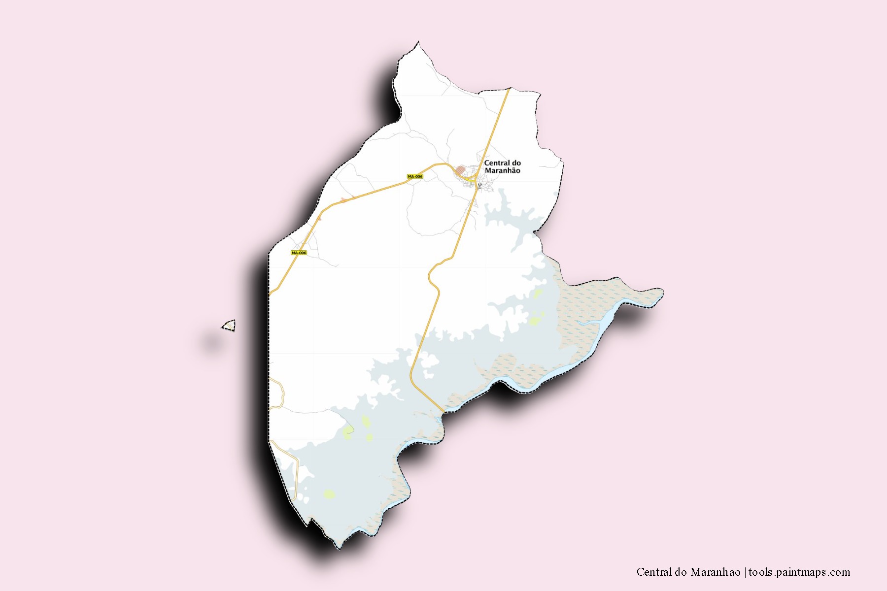 Mapa de barrios y pueblos de Central do Maranhao con efecto de sombra 3D