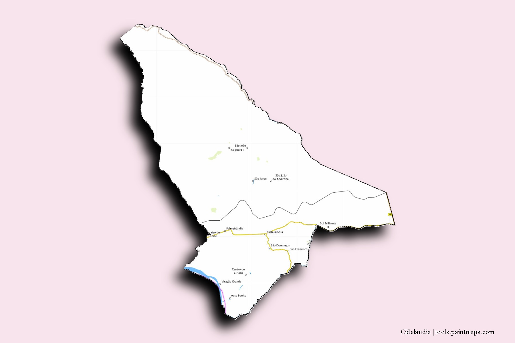 Mapa de barrios y pueblos de Cidelandia con efecto de sombra 3D