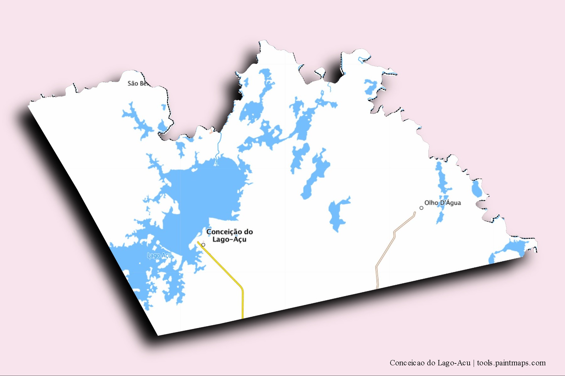 Mapa de barrios y pueblos de Conceicao do Lago-Acu con efecto de sombra 3D