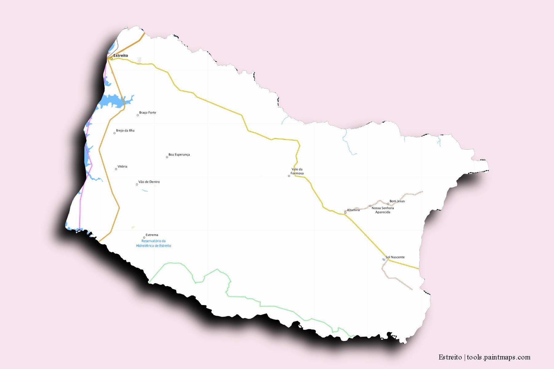 Mapa de barrios y pueblos de Estreito con efecto de sombra 3D