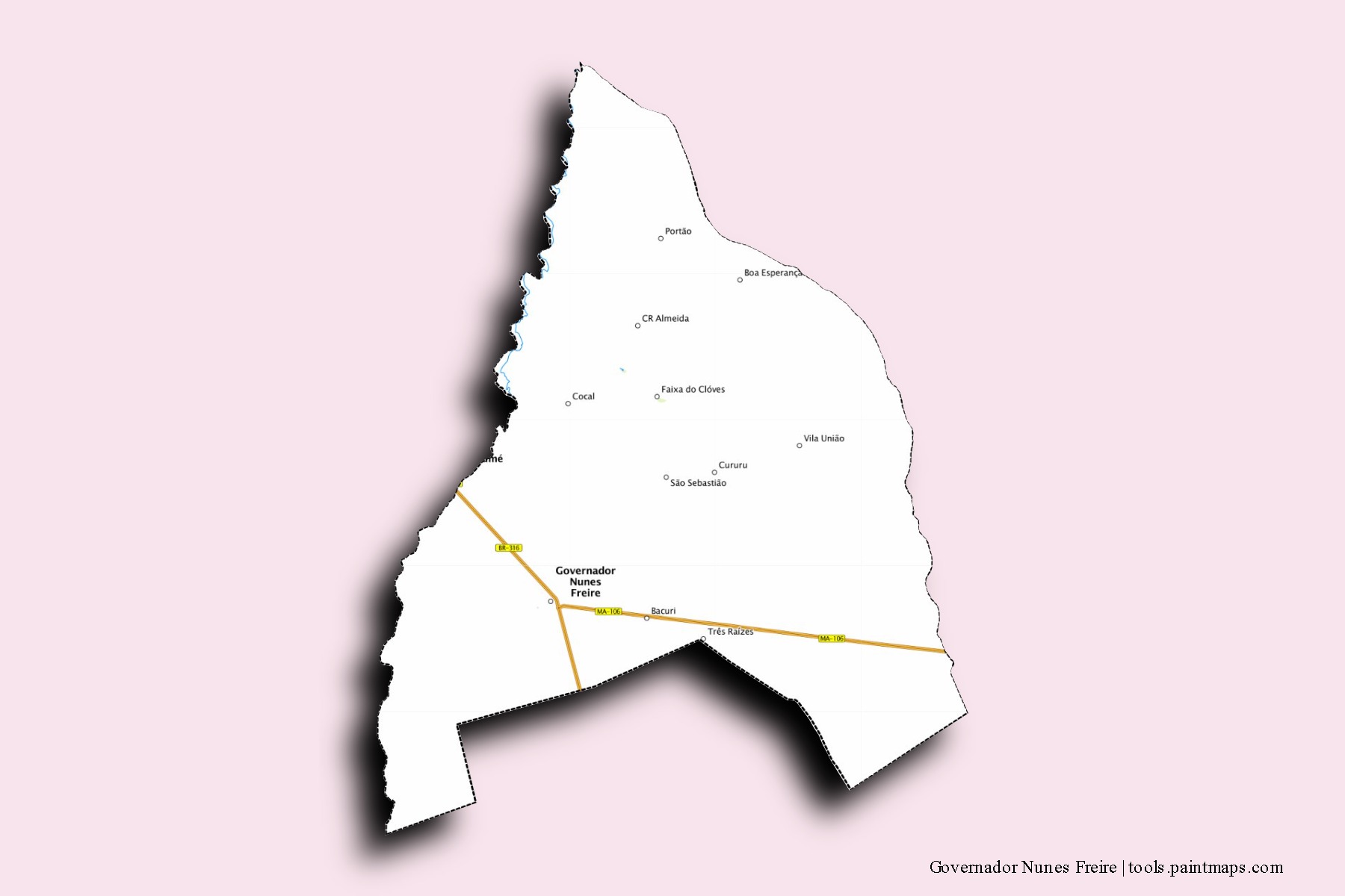 Mapa de barrios y pueblos de Governador Nunes Freire con efecto de sombra 3D