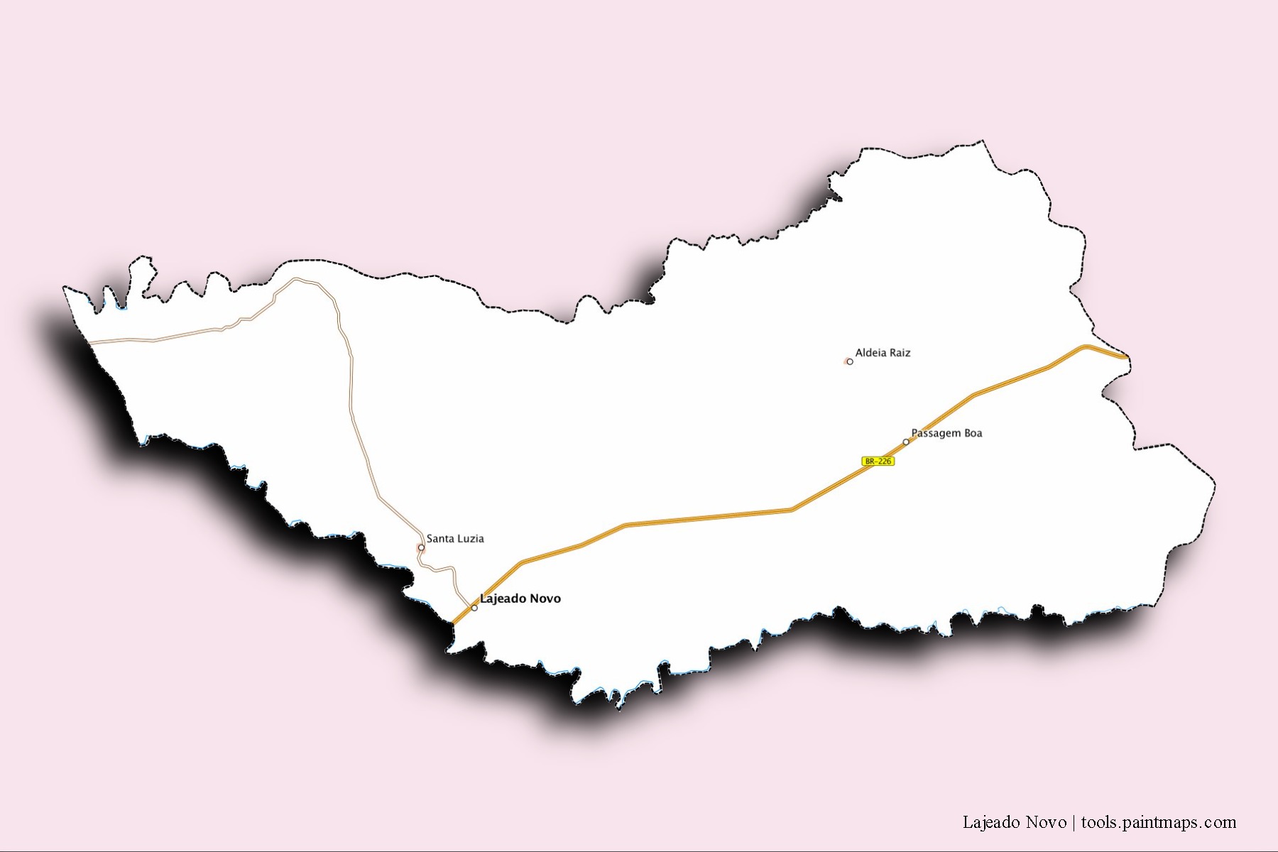 Mapa de barrios y pueblos de Lajeado Novo con efecto de sombra 3D