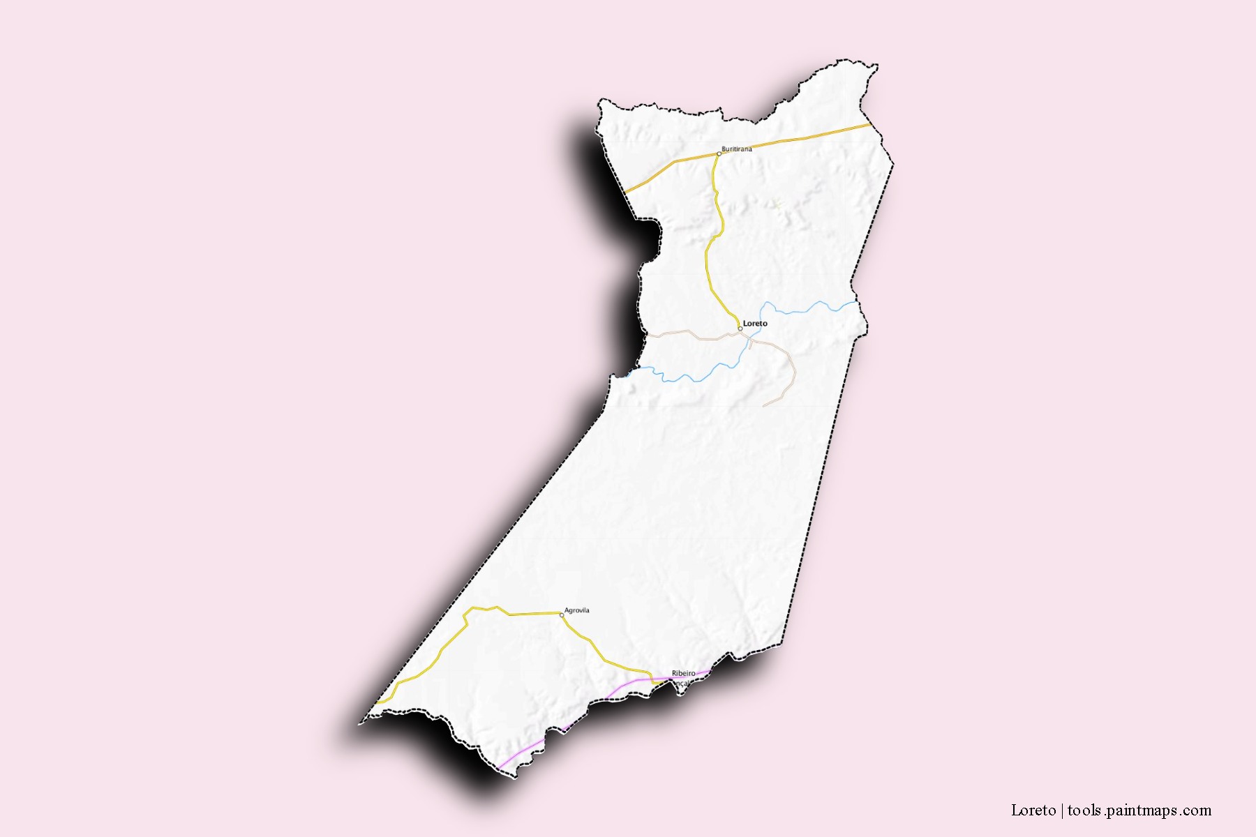 Mapa de barrios y pueblos de Loreto con efecto de sombra 3D