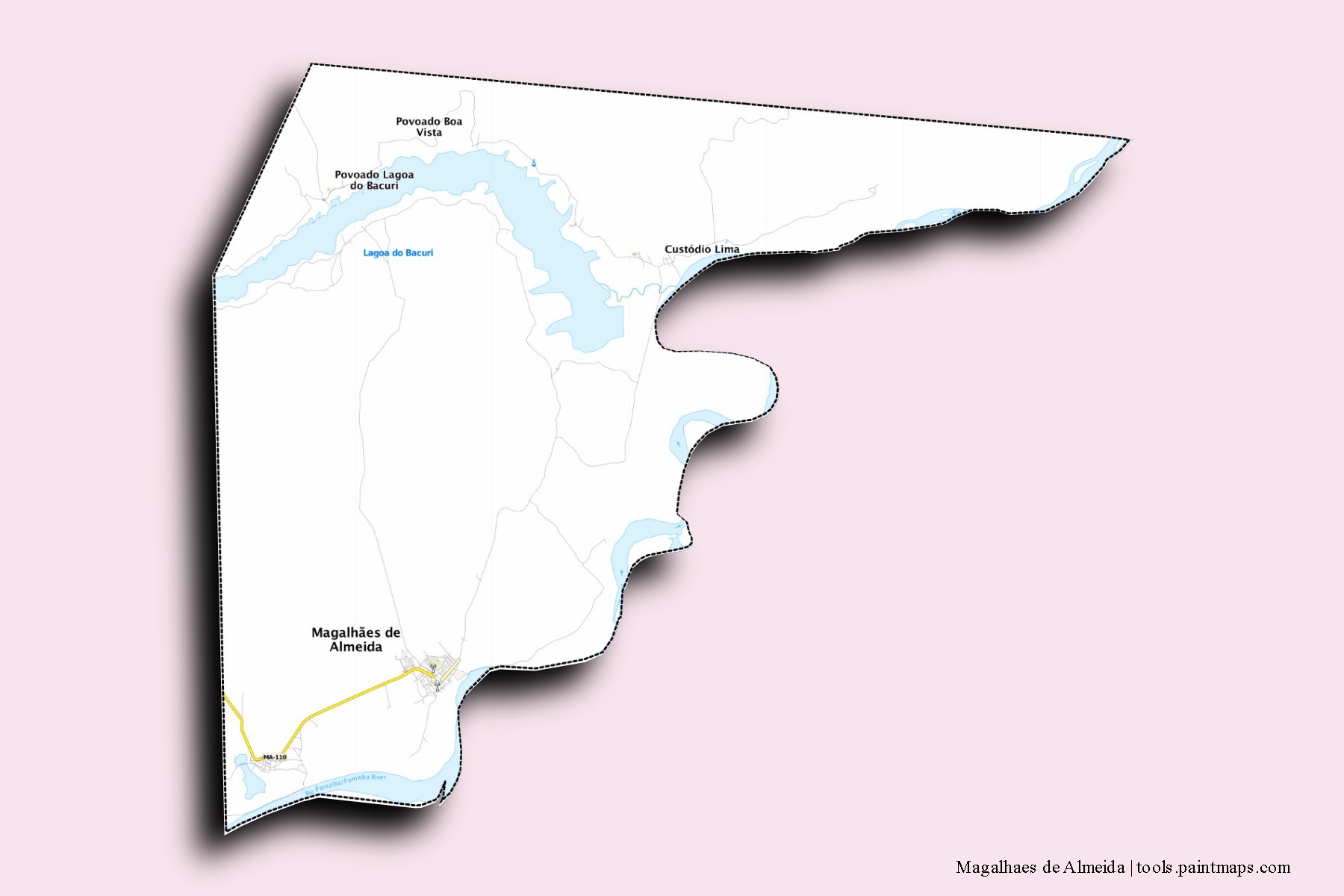 Mapa de barrios y pueblos de Magalhaes de Almeida con efecto de sombra 3D