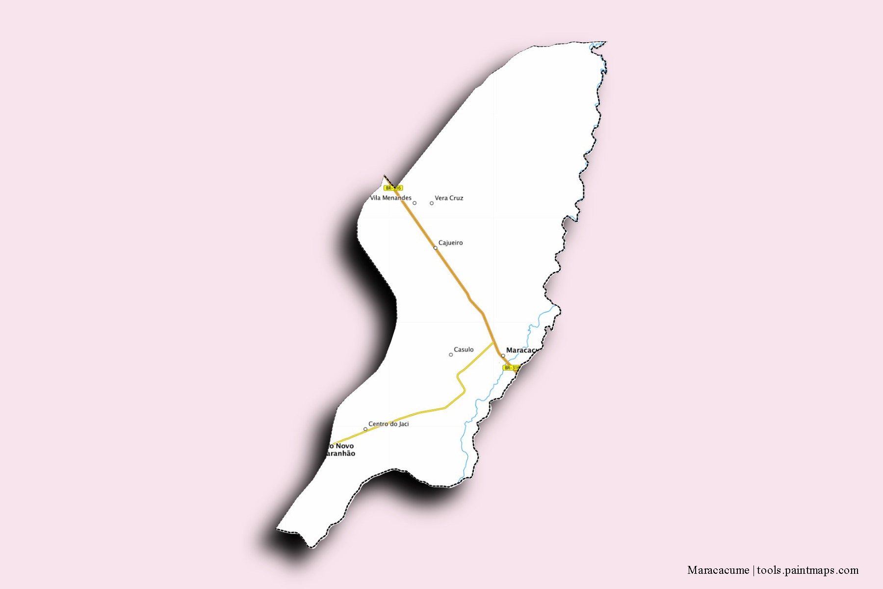 Mapa de barrios y pueblos de Maracacume con efecto de sombra 3D