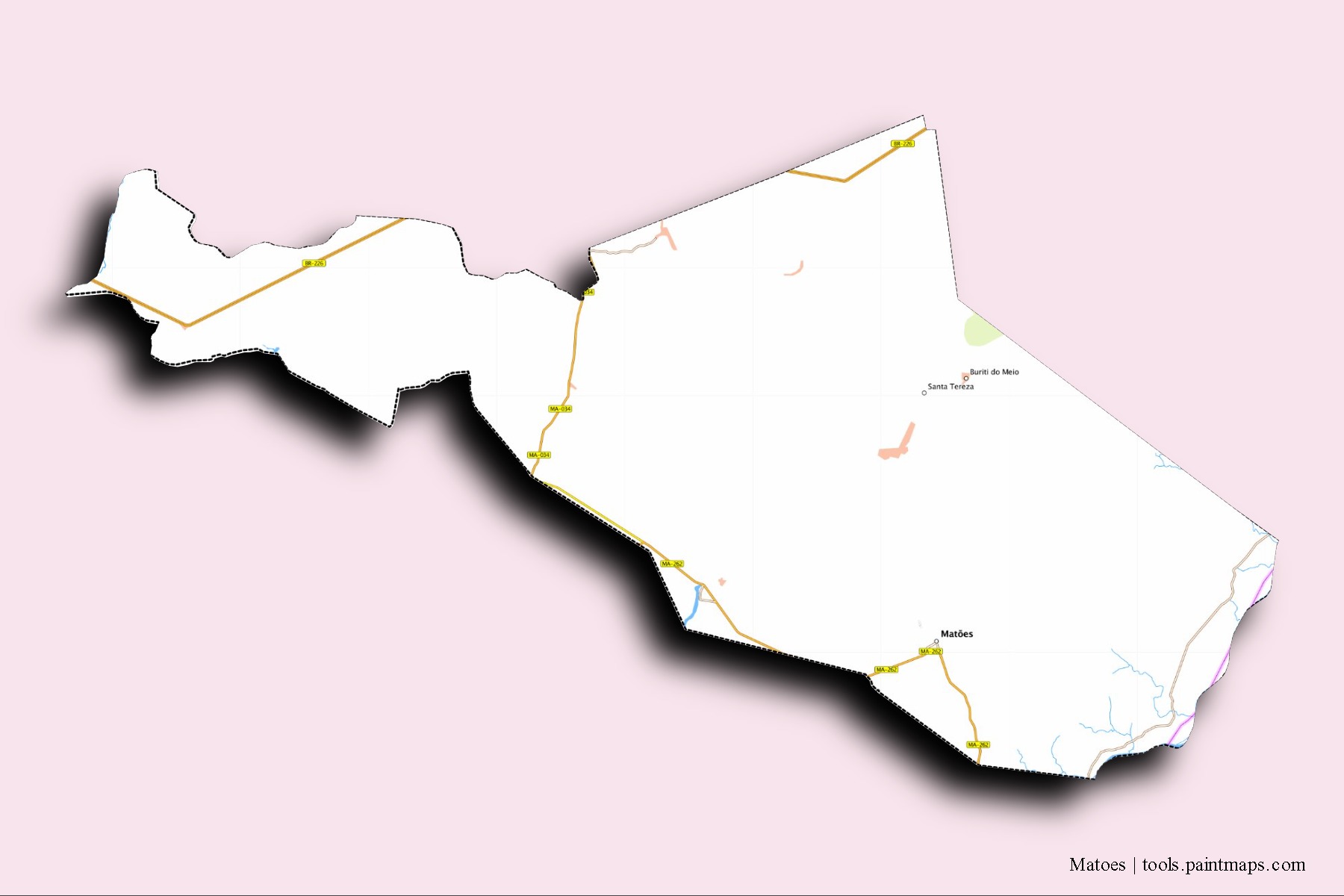 Mapa de barrios y pueblos de Matoes con efecto de sombra 3D