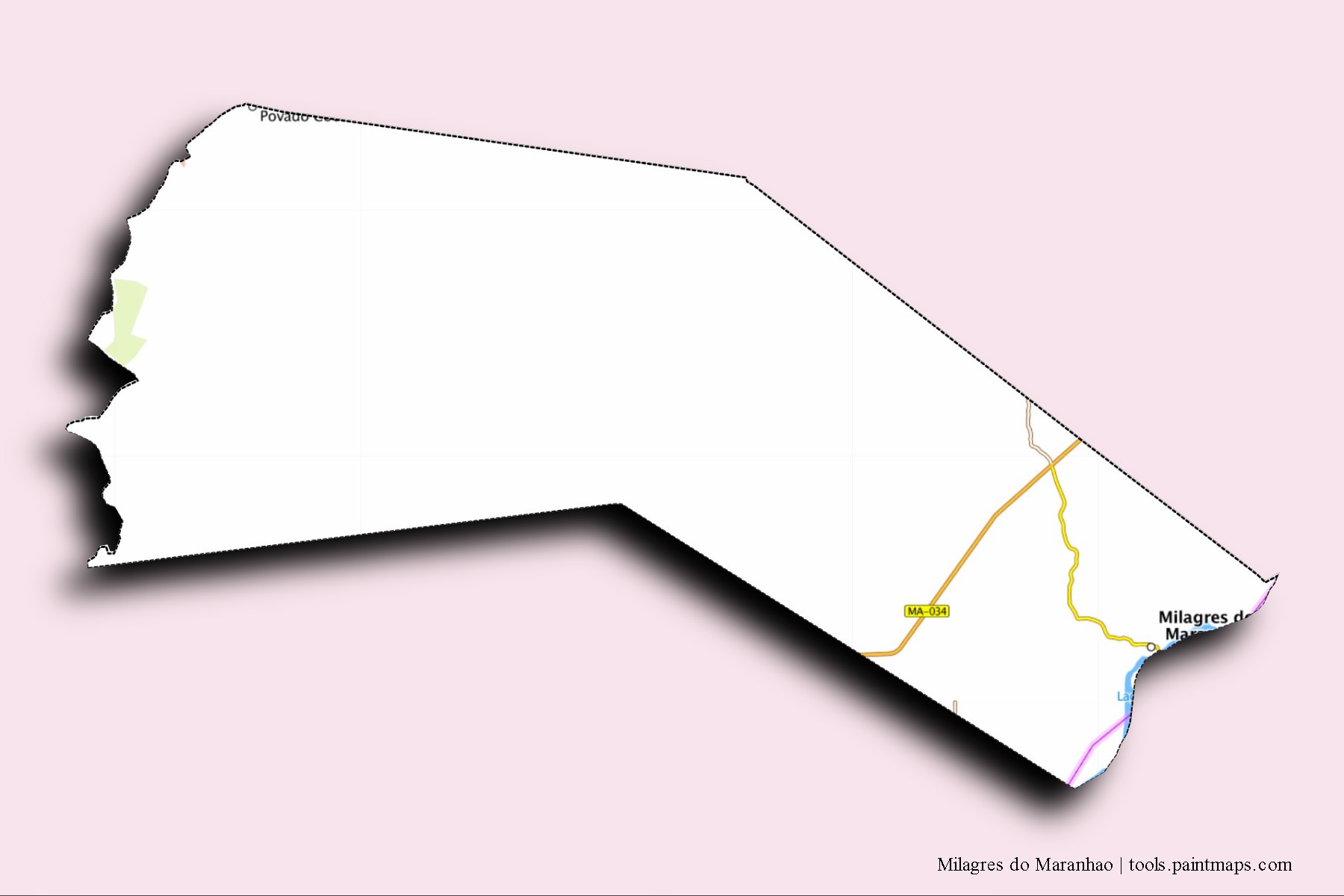 Mapa de barrios y pueblos de Milagres do Maranhao con efecto de sombra 3D