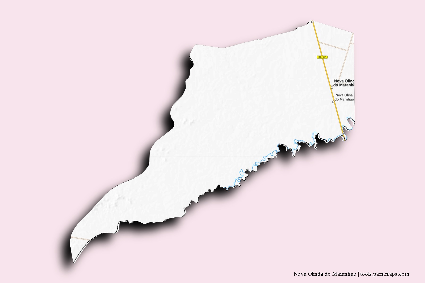 Mapa de barrios y pueblos de Nova Olinda do Maranhao con efecto de sombra 3D