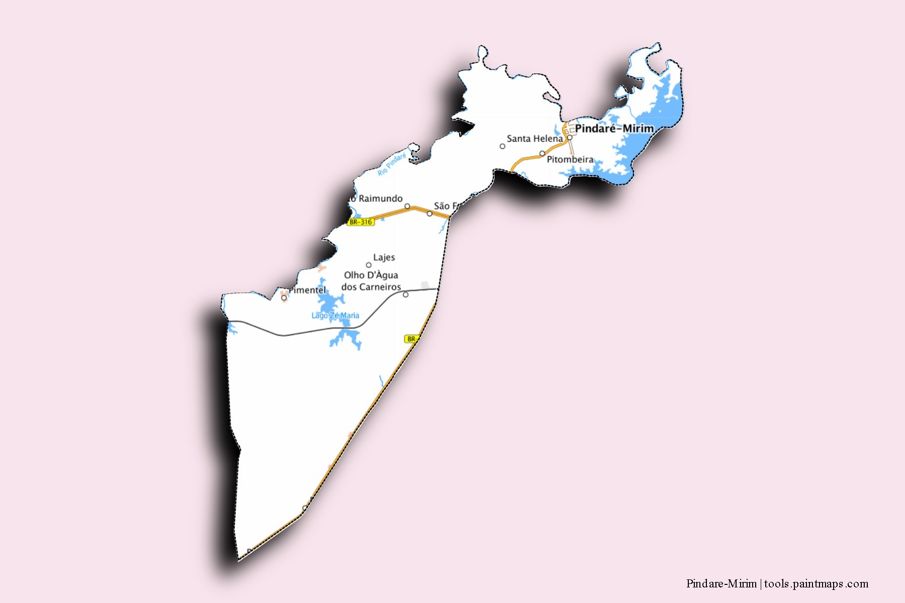 Mapa de barrios y pueblos de Pindare-Mirim con efecto de sombra 3D