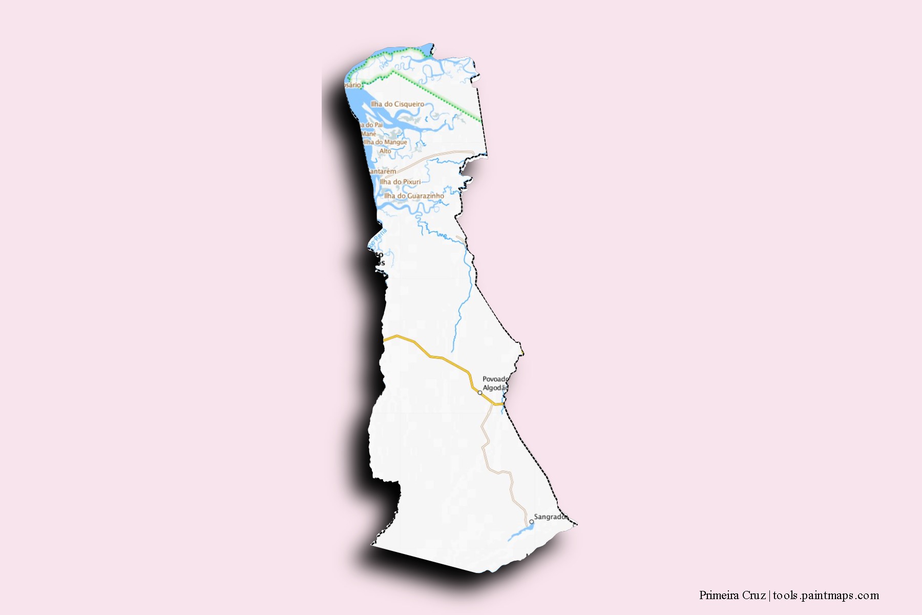 Mapa de barrios y pueblos de Primeira Cruz con efecto de sombra 3D