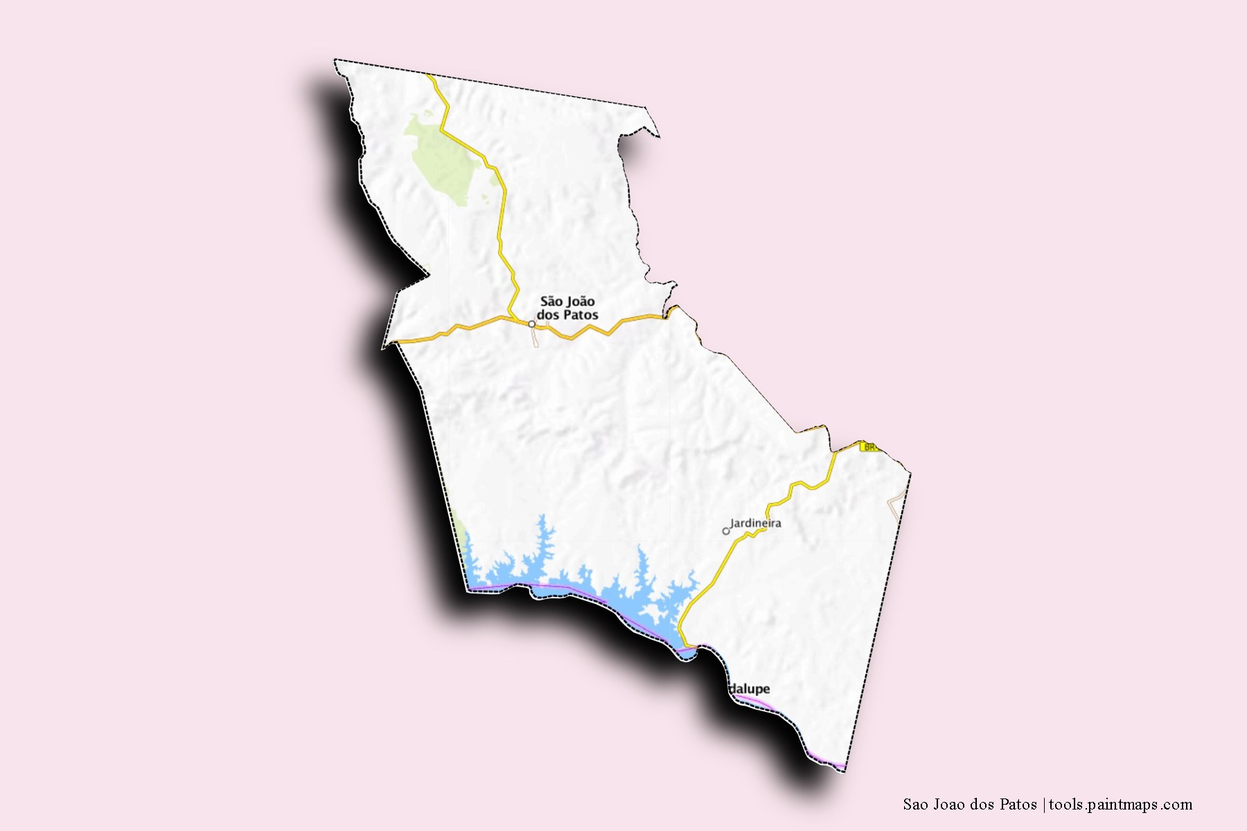 Mapa de barrios y pueblos de Sao Joao dos Patos con efecto de sombra 3D