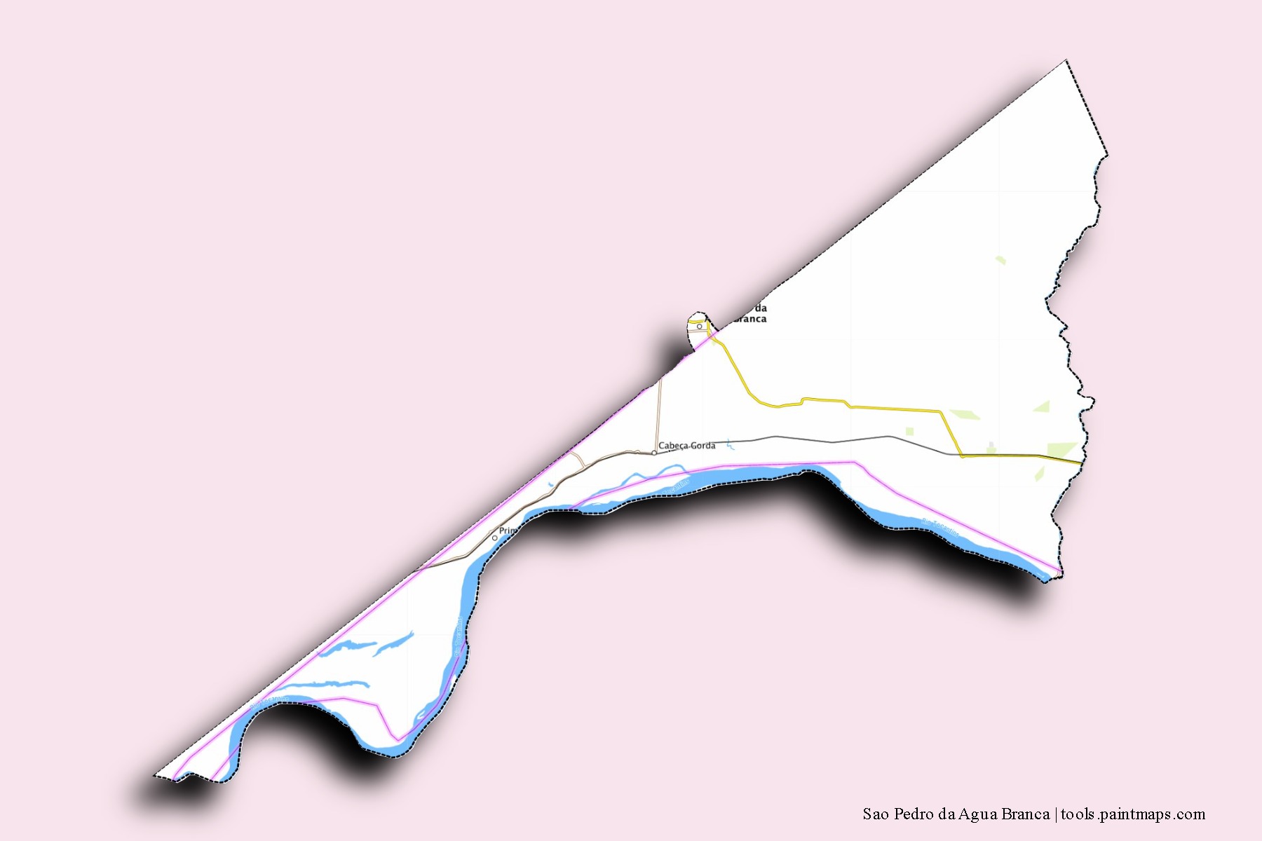 Mapa de barrios y pueblos de Sao Pedro da Agua Branca con efecto de sombra 3D