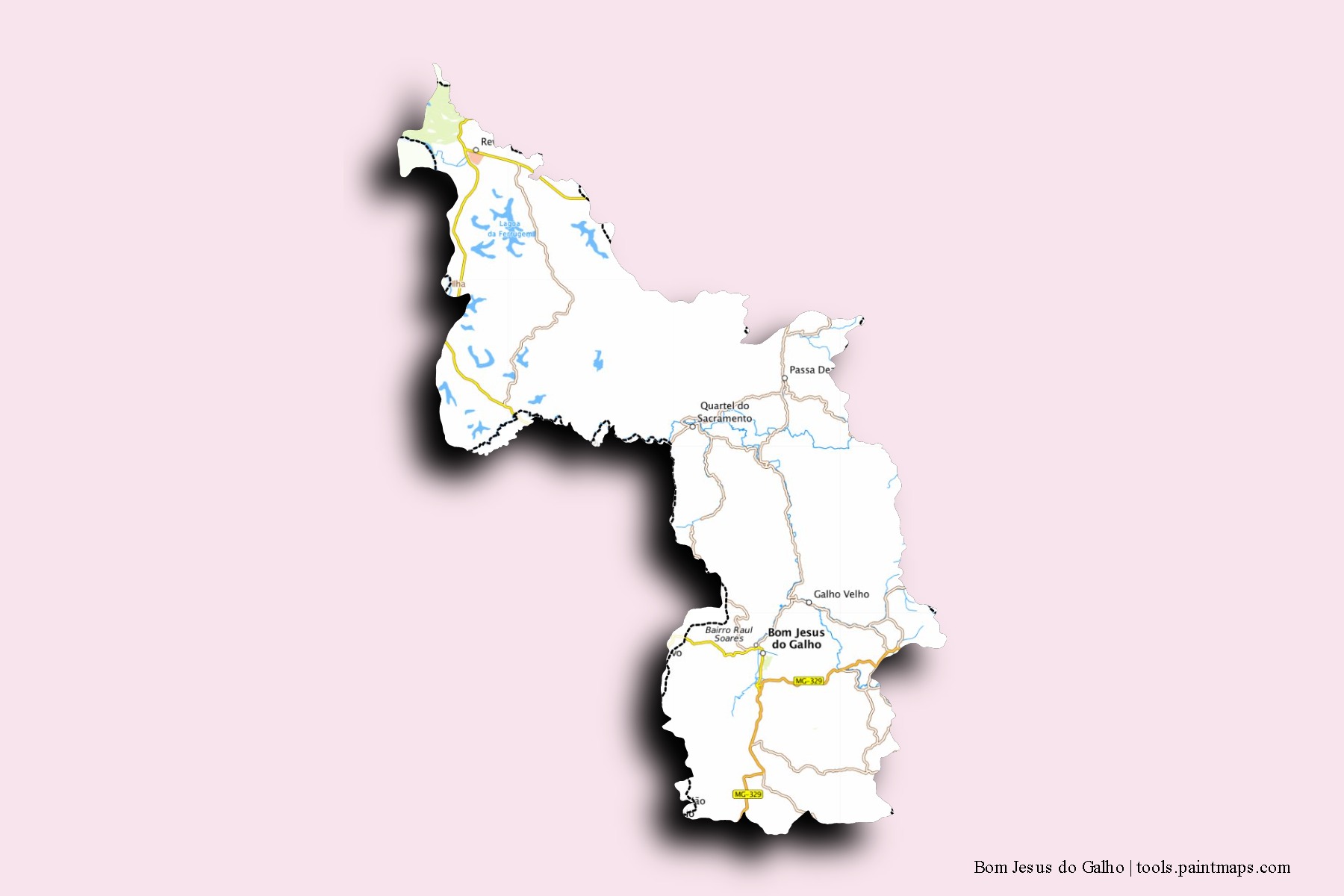 Mapa de barrios y pueblos de Bom Jesus do Galho con efecto de sombra 3D