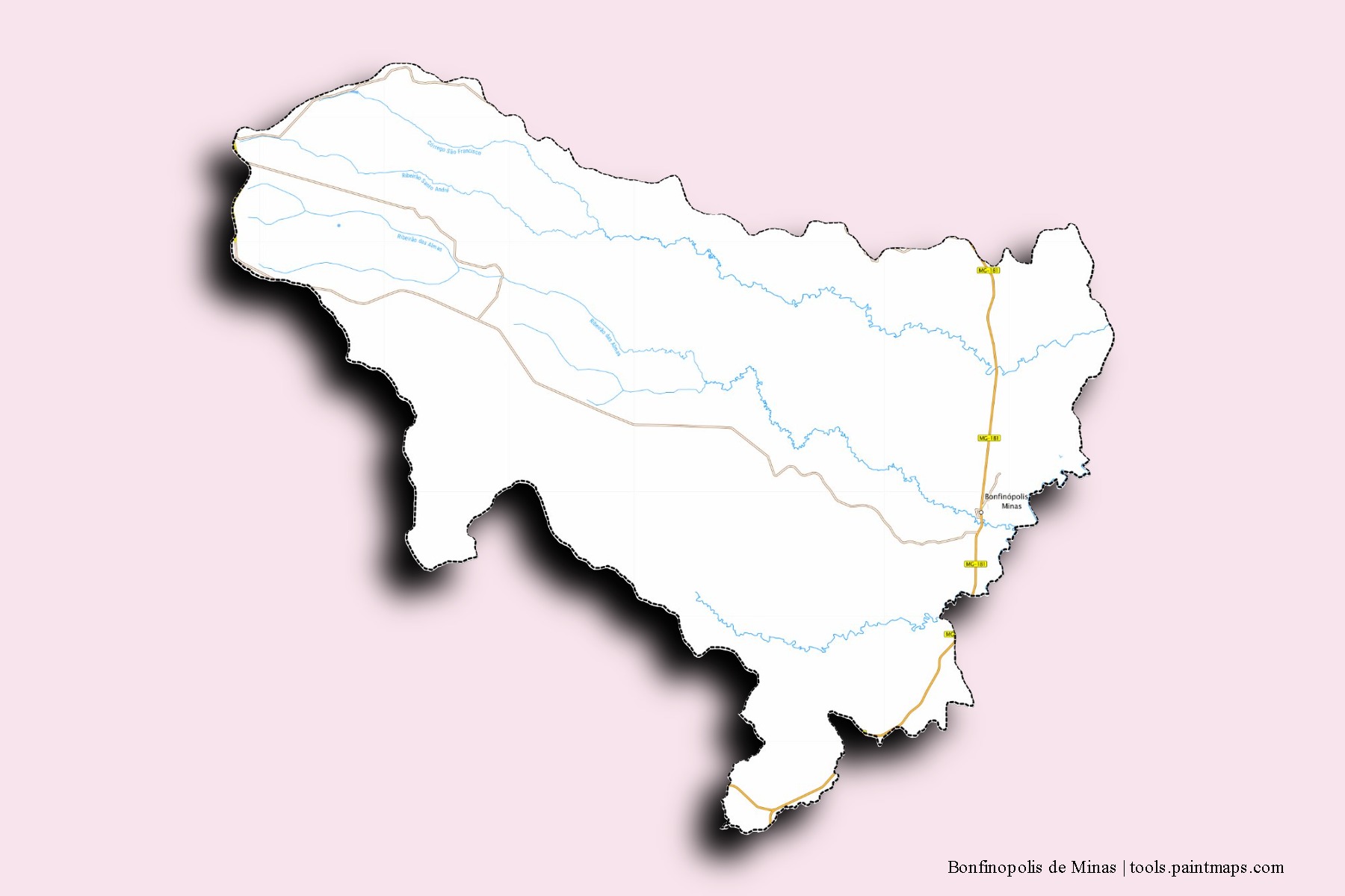 Mapa de barrios y pueblos de Bonfinopolis de Minas con efecto de sombra 3D