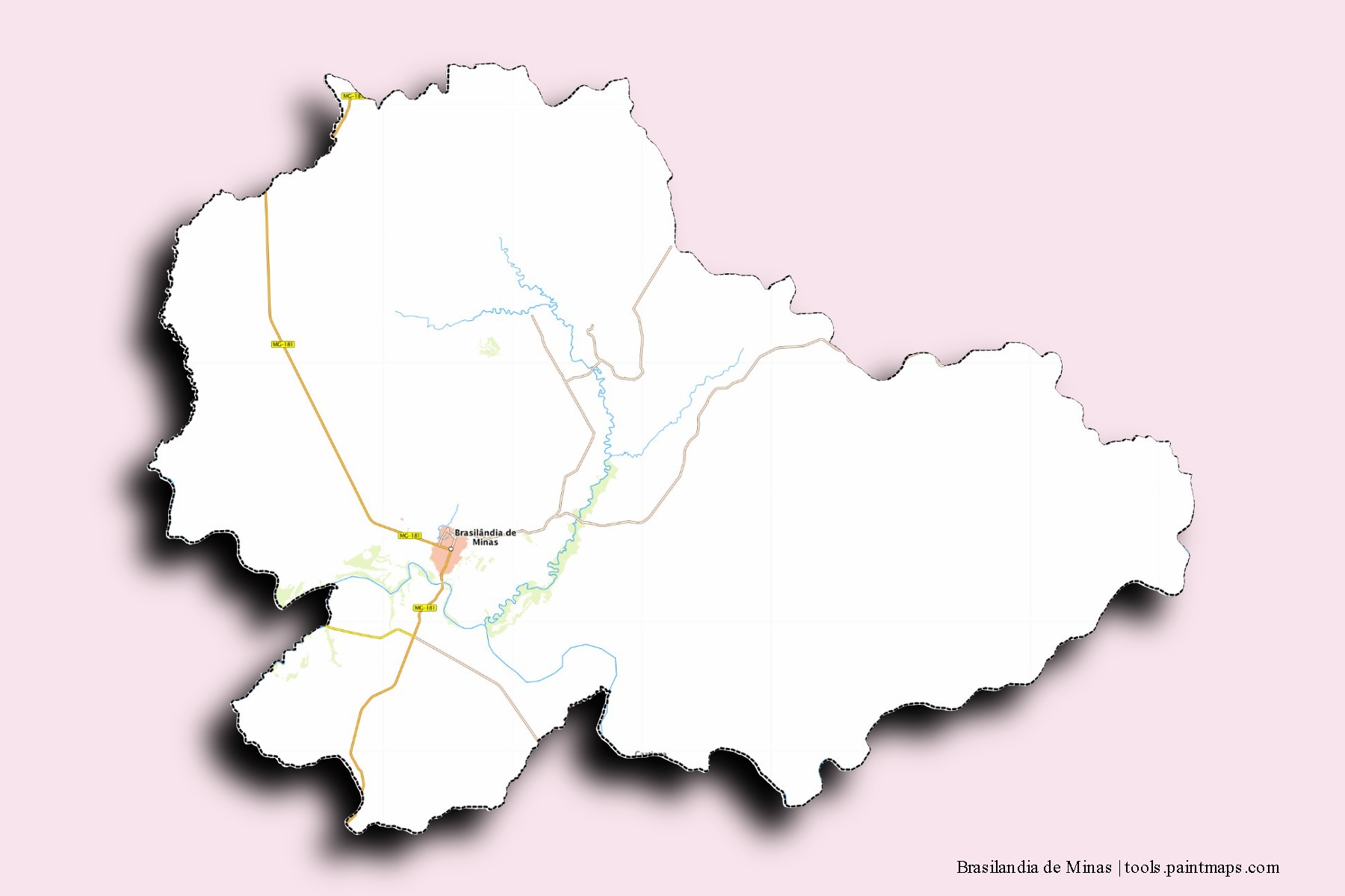 Brasilandia de Minas neighborhoods and villages map with 3D shadow effect