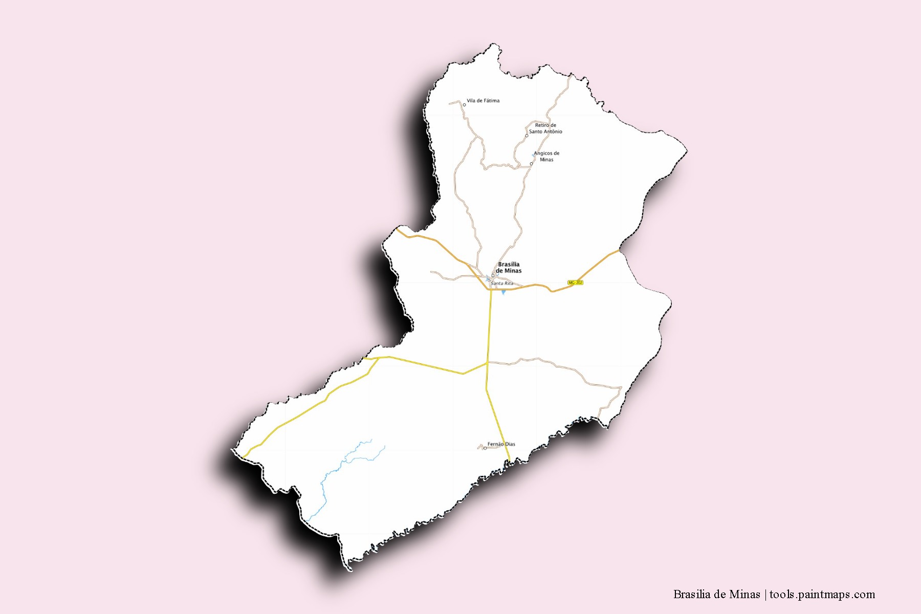 Mapa de barrios y pueblos de Brasilia de Minas con efecto de sombra 3D