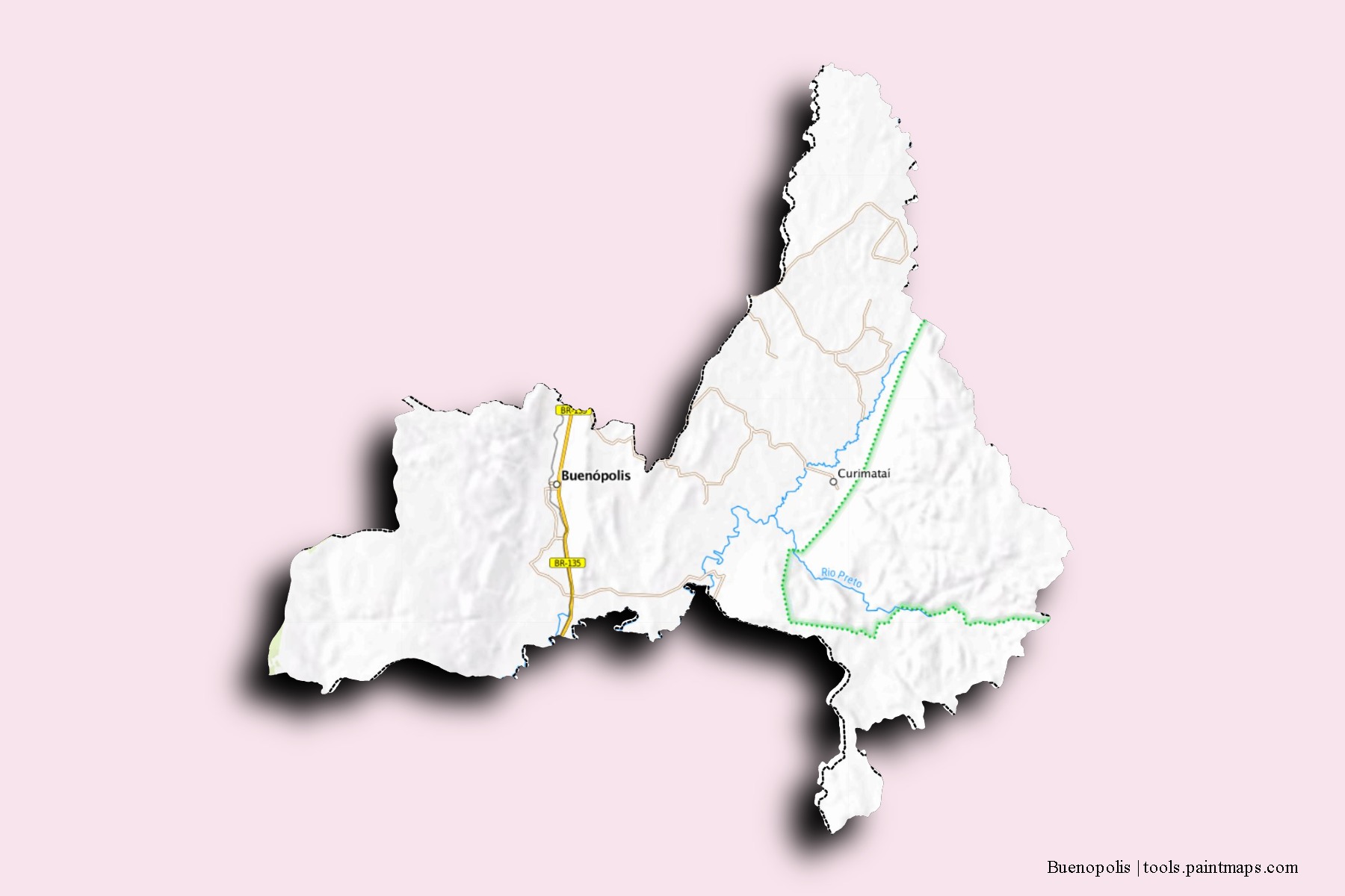 Mapa de barrios y pueblos de Buenopolis con efecto de sombra 3D