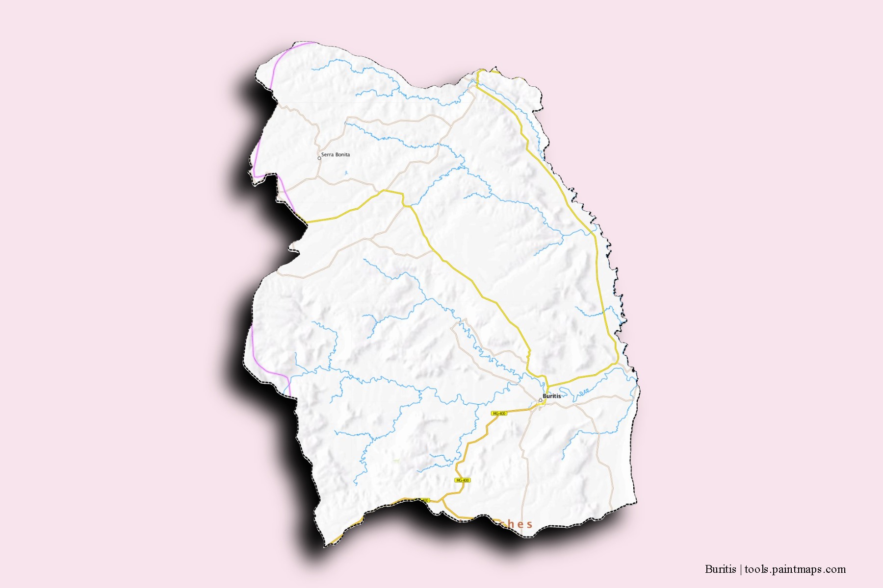 Mapa de barrios y pueblos de Buritis con efecto de sombra 3D